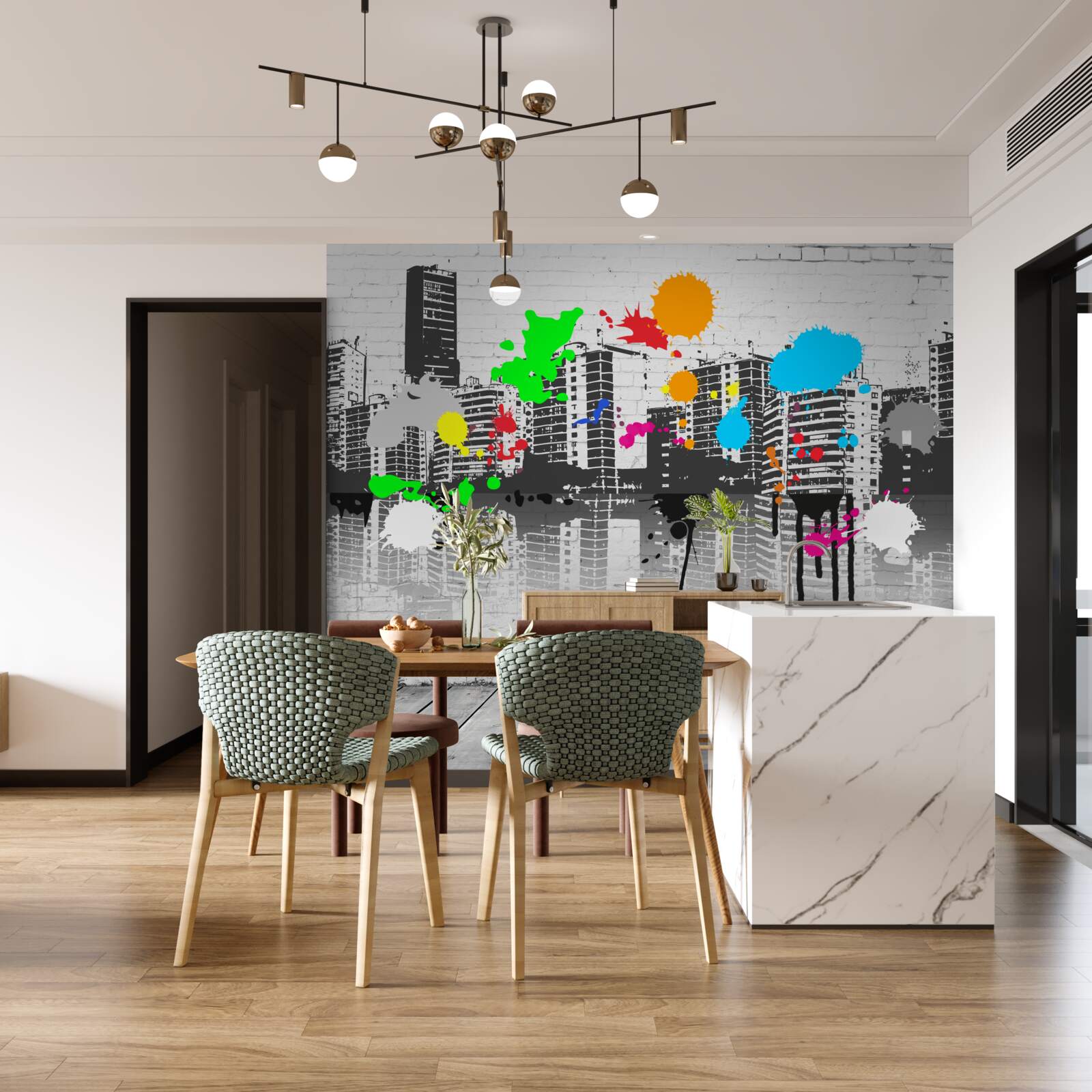 Fotobehang graffiti die de stad in zwart-wit afbeeldt