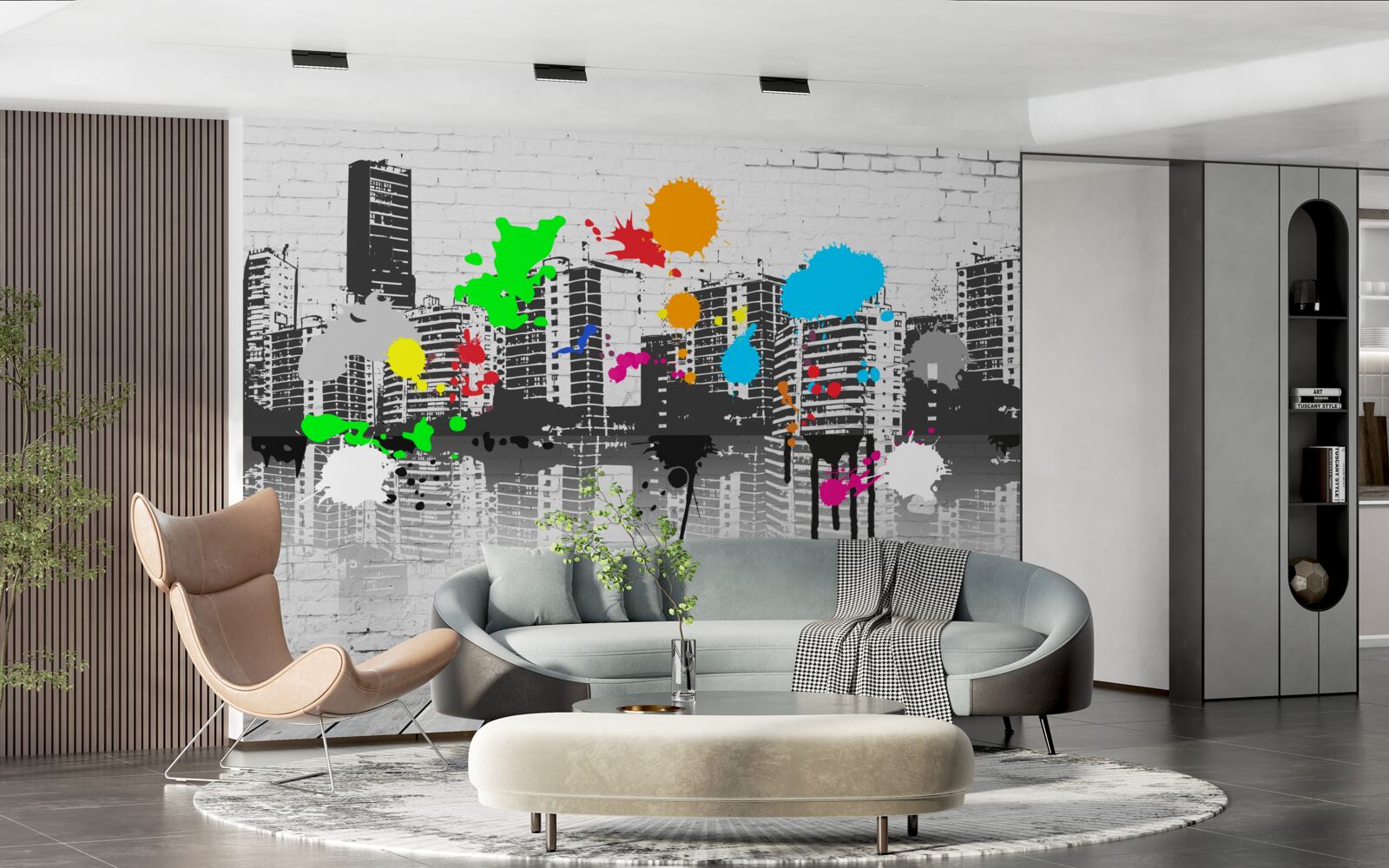 Fotobehang graffiti die de stad in zwart-wit afbeeldt