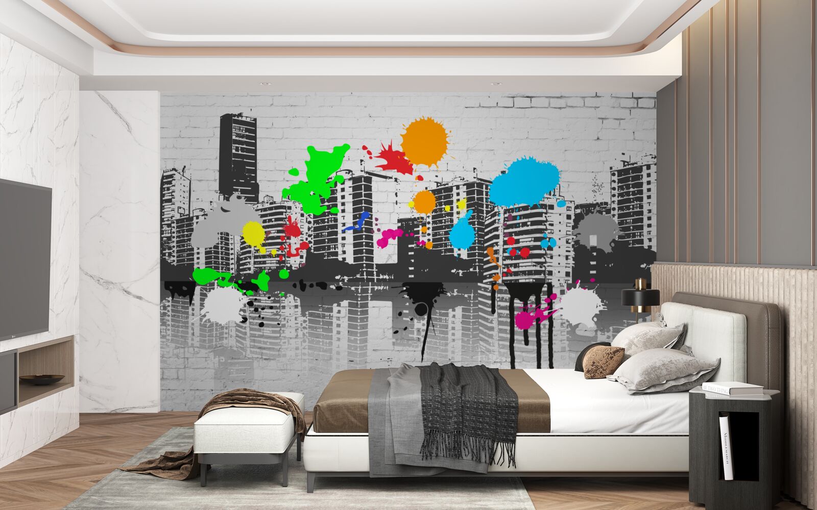 Fotobehang graffiti die de stad in zwart-wit afbeeldt