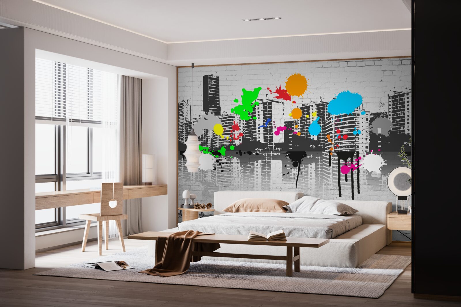 Fotobehang graffiti die de stad in zwart-wit afbeeldt