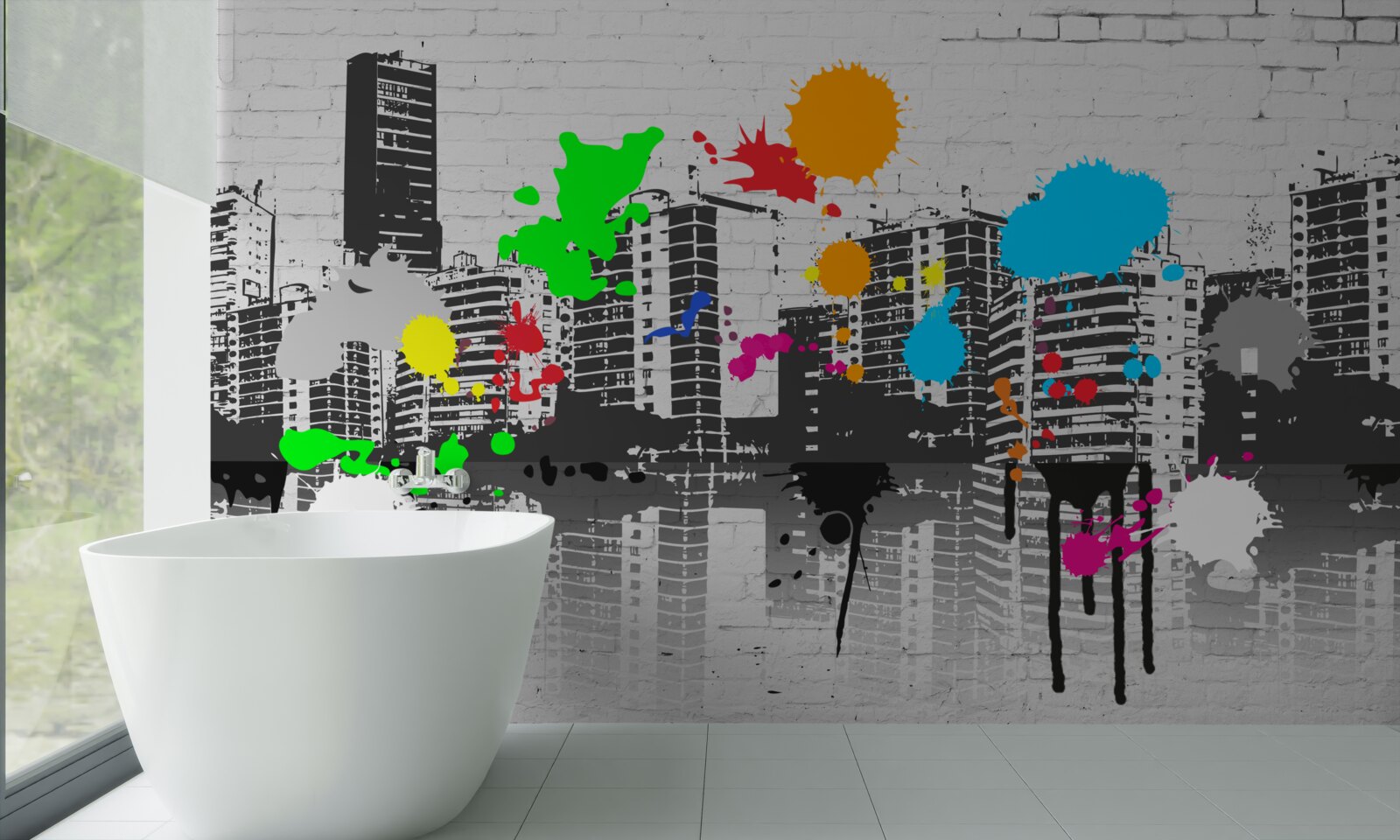 Fotobehang graffiti die de stad in zwart-wit afbeeldt