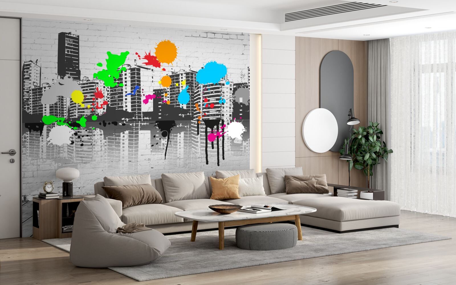 Fotobehang graffiti die de stad in zwart-wit afbeeldt