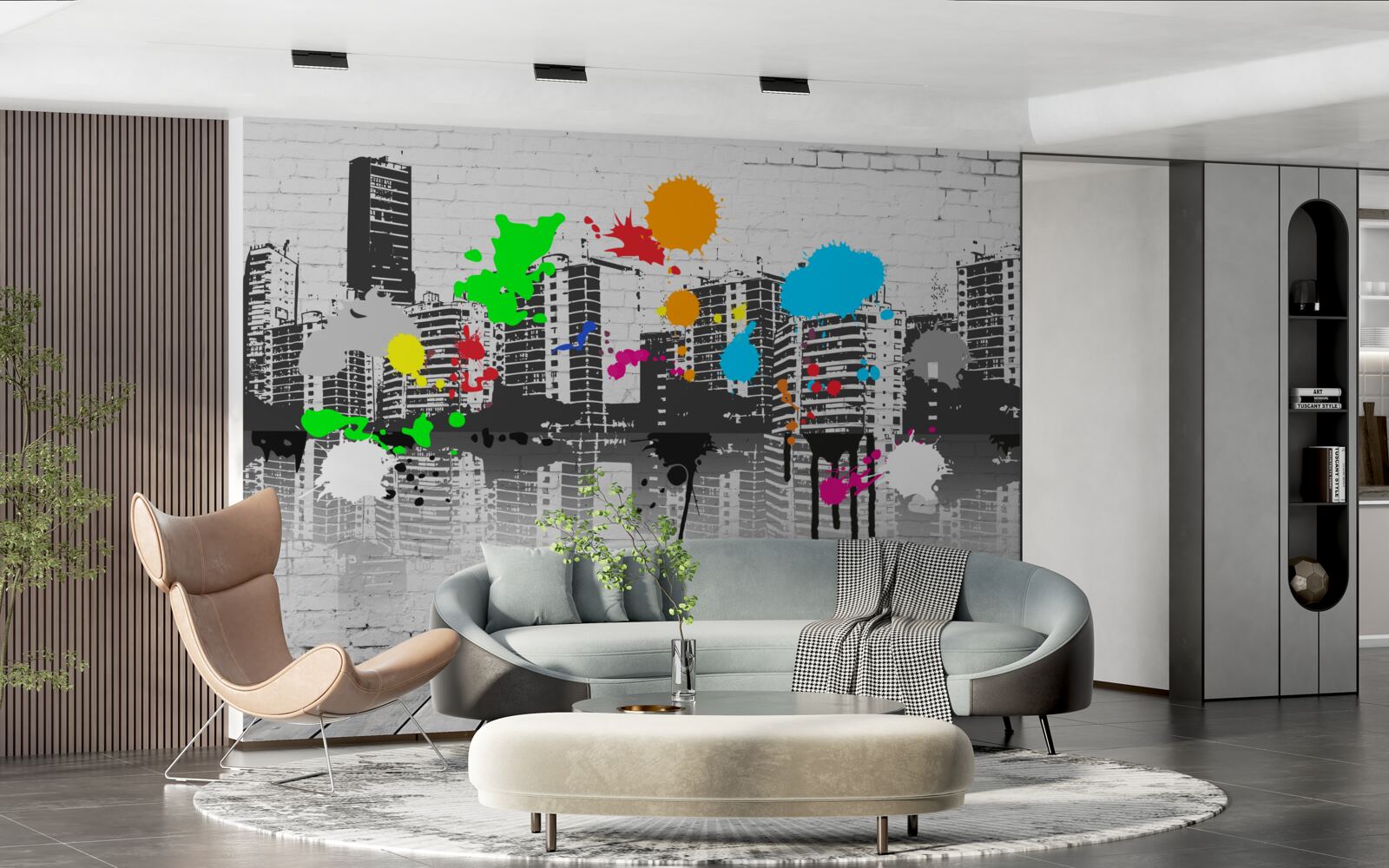 Fotobehang graffiti die de stad in zwart-wit afbeeldt