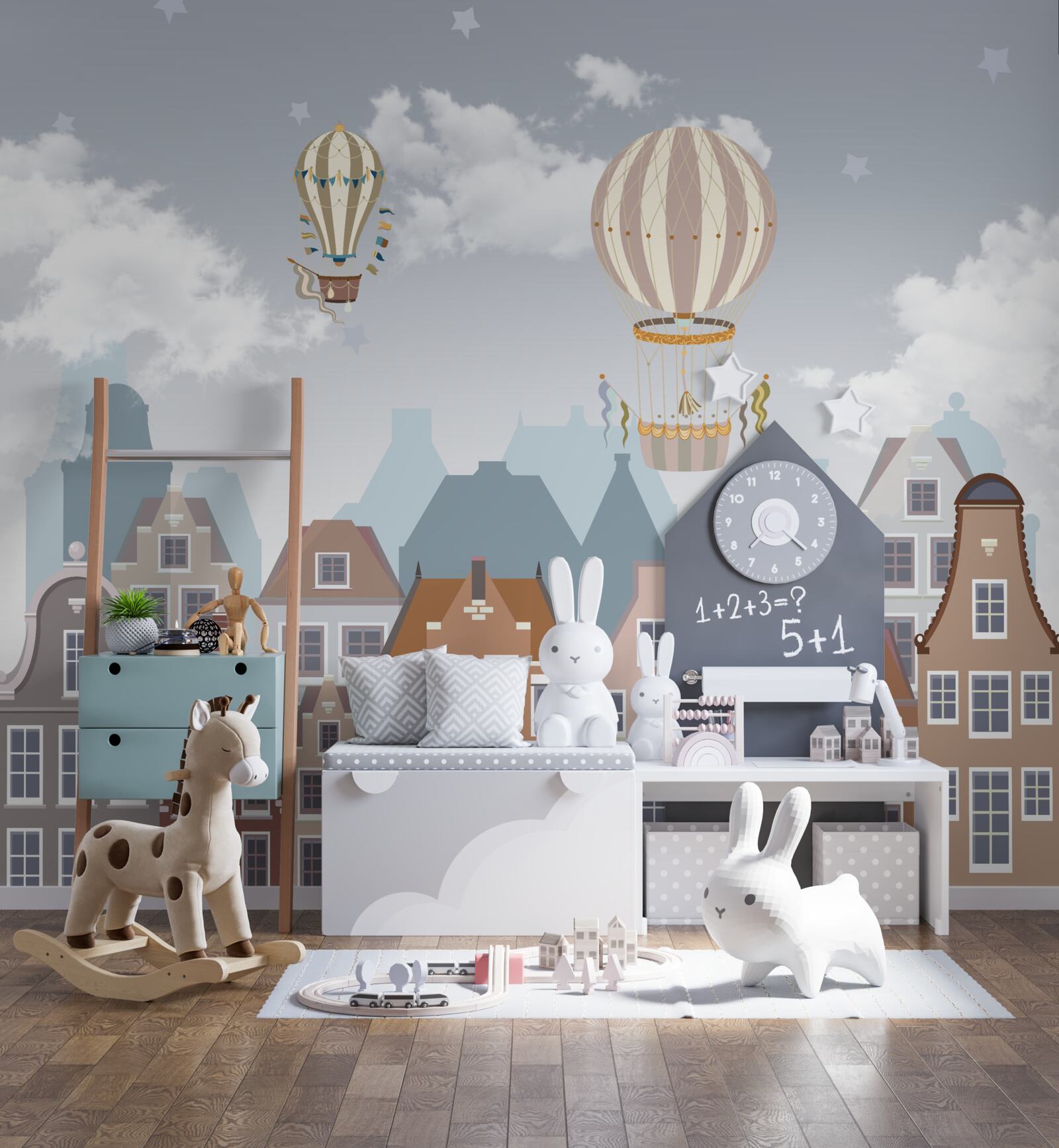 Fotobehang stad onder een deken van ballonnen