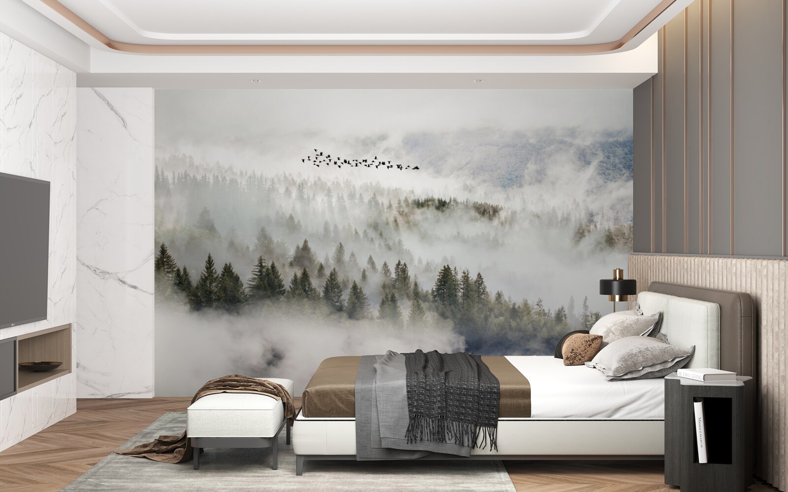 Fotobehang een groep vogels hoog boven een bewolkt berggebied