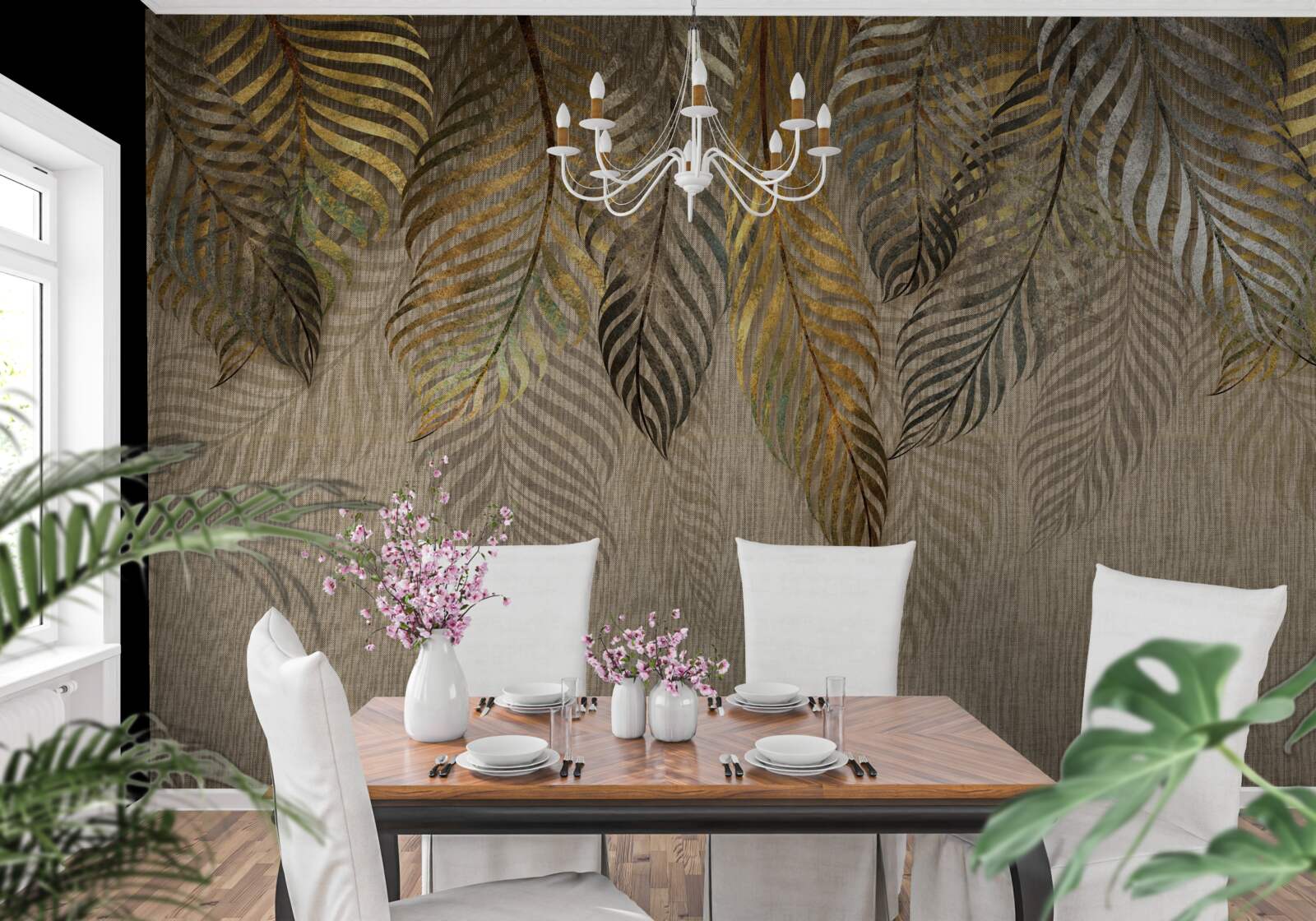 Fotobehang bananenpalmentakken bedekt met goud