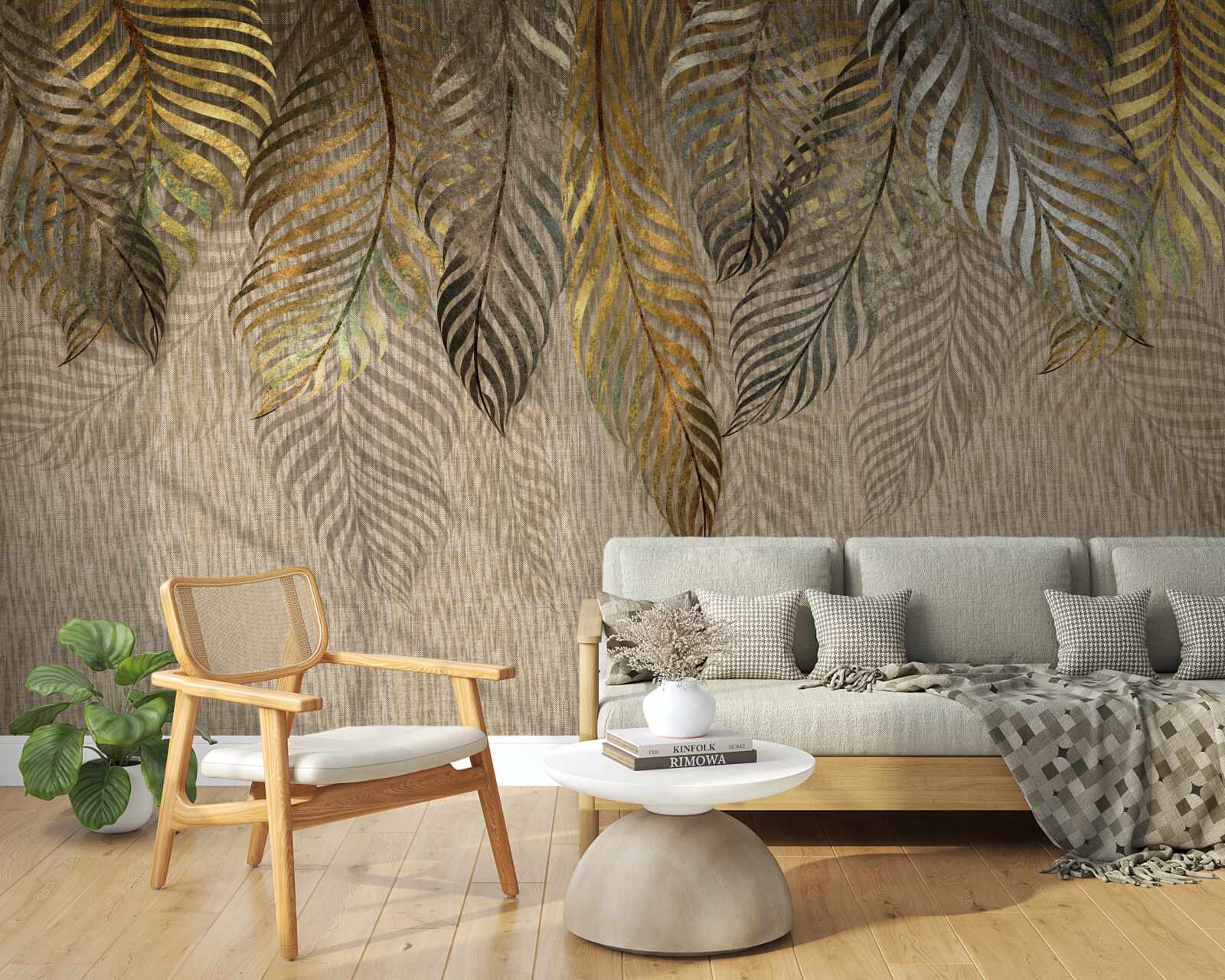 Fotobehang bananenpalmentakken bedekt met goud