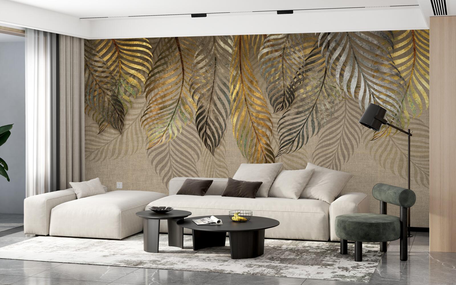 Fotobehang bananenpalmentakken bedekt met goud