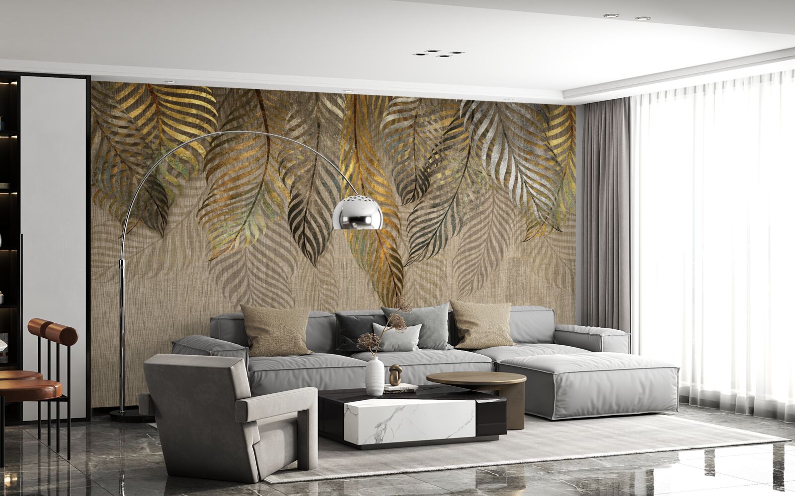 Fotobehang bananenpalmentakken bedekt met goud