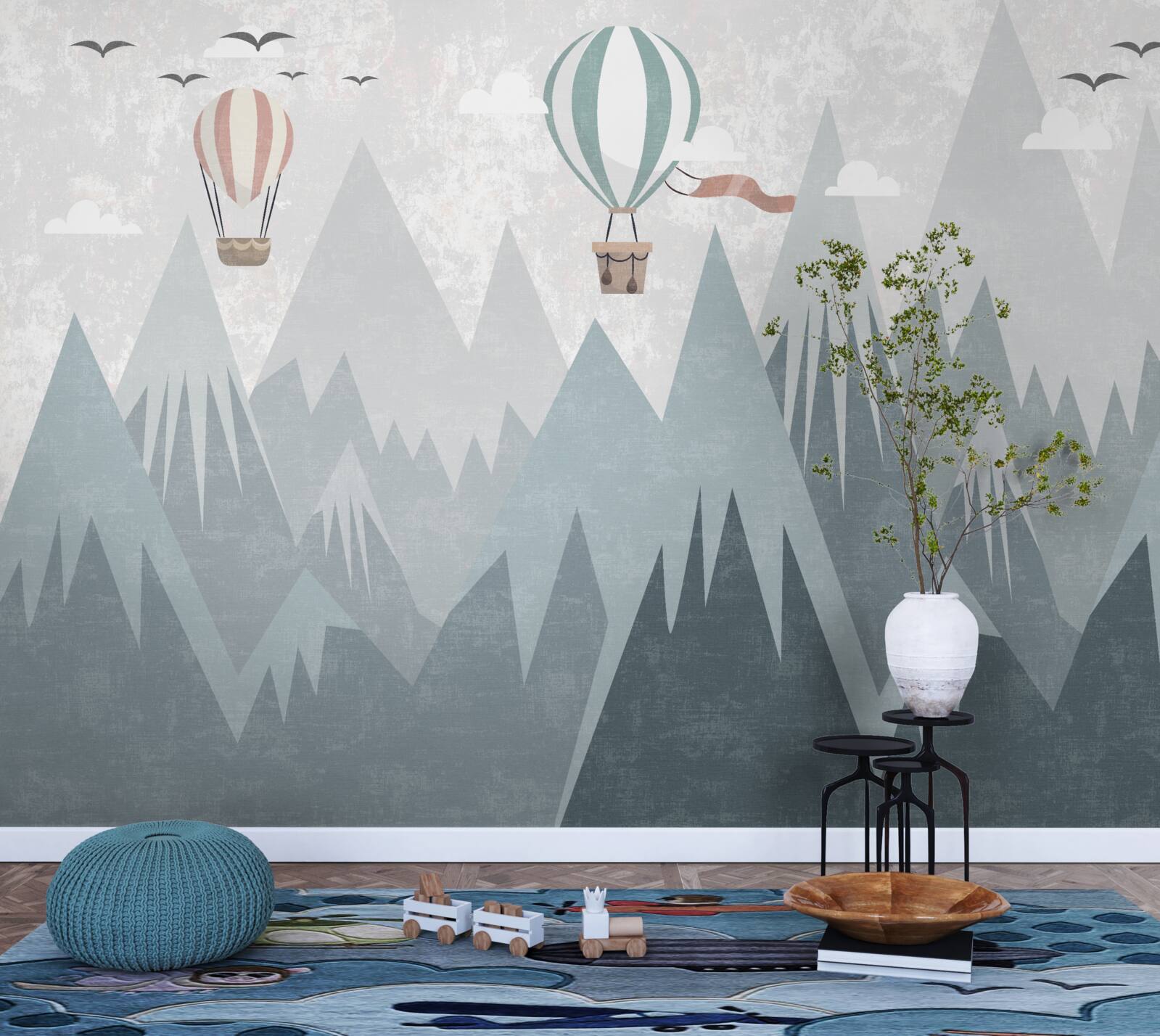 Fotobehang bergen laten vliegende ballonnen achter