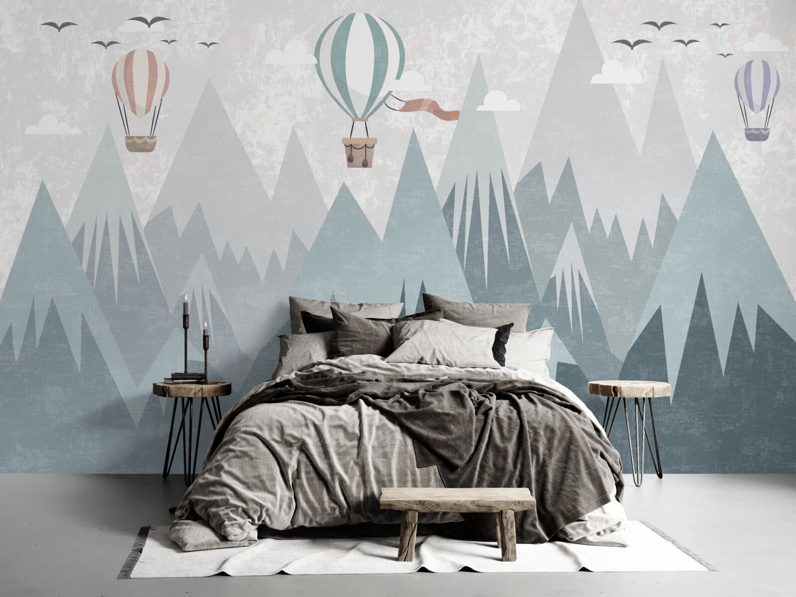 Fotobehang bergen laten vliegende ballonnen achter