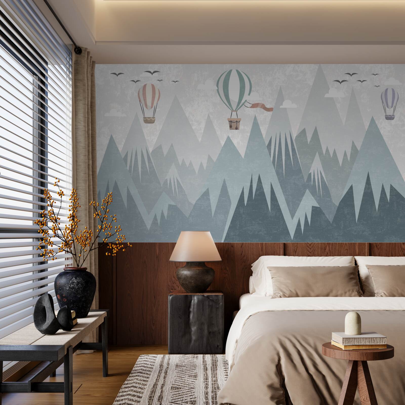 Fotobehang bergen laten vliegende ballonnen achter