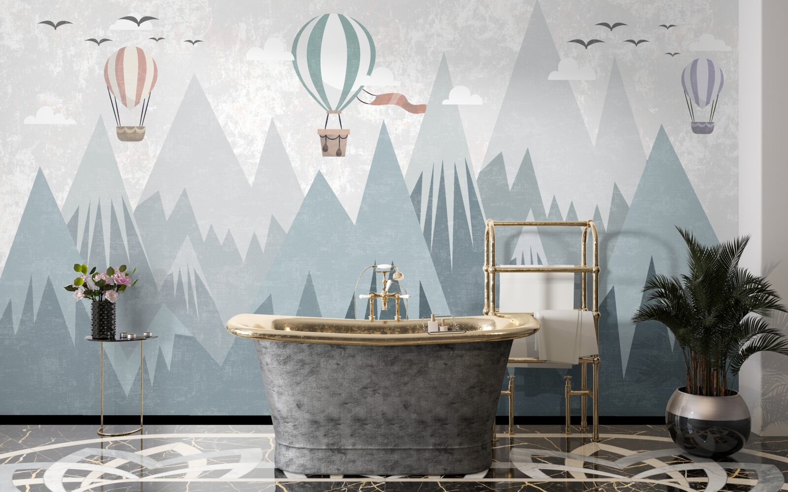 Fotobehang bergen laten vliegende ballonnen achter