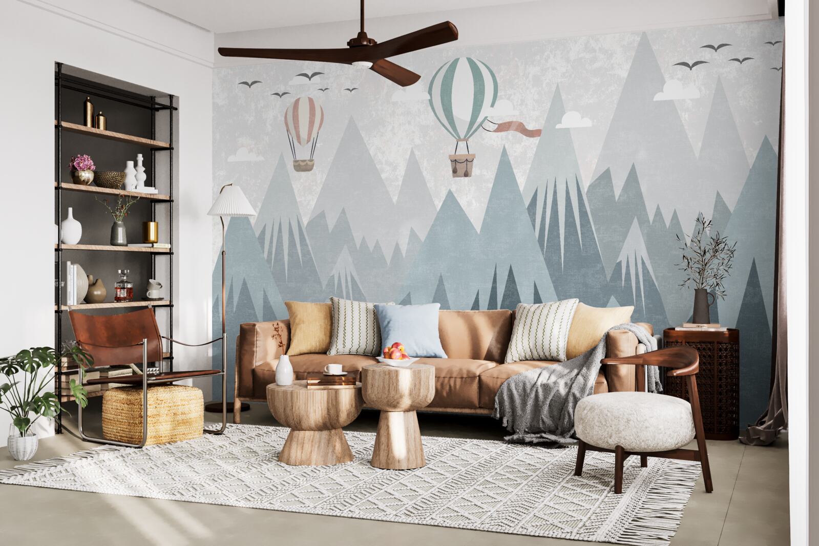 Fotobehang bergen laten vliegende ballonnen achter