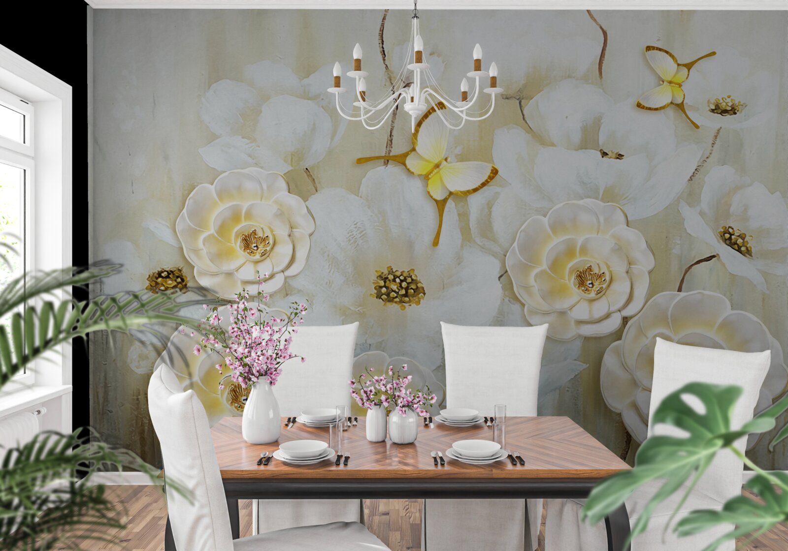 Fotobehang ongewone vlinders en heldere bloemen