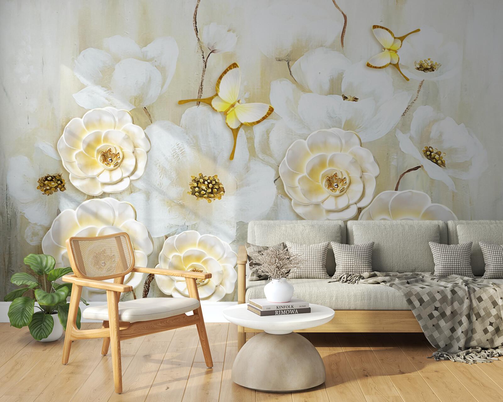 Fotobehang ongewone vlinders en heldere bloemen