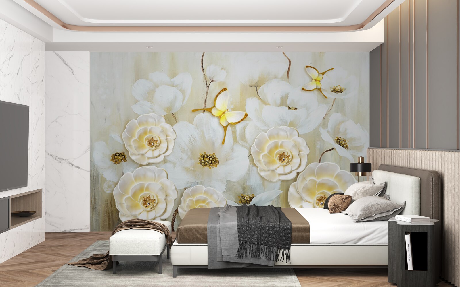 Fotobehang ongewone vlinders en heldere bloemen