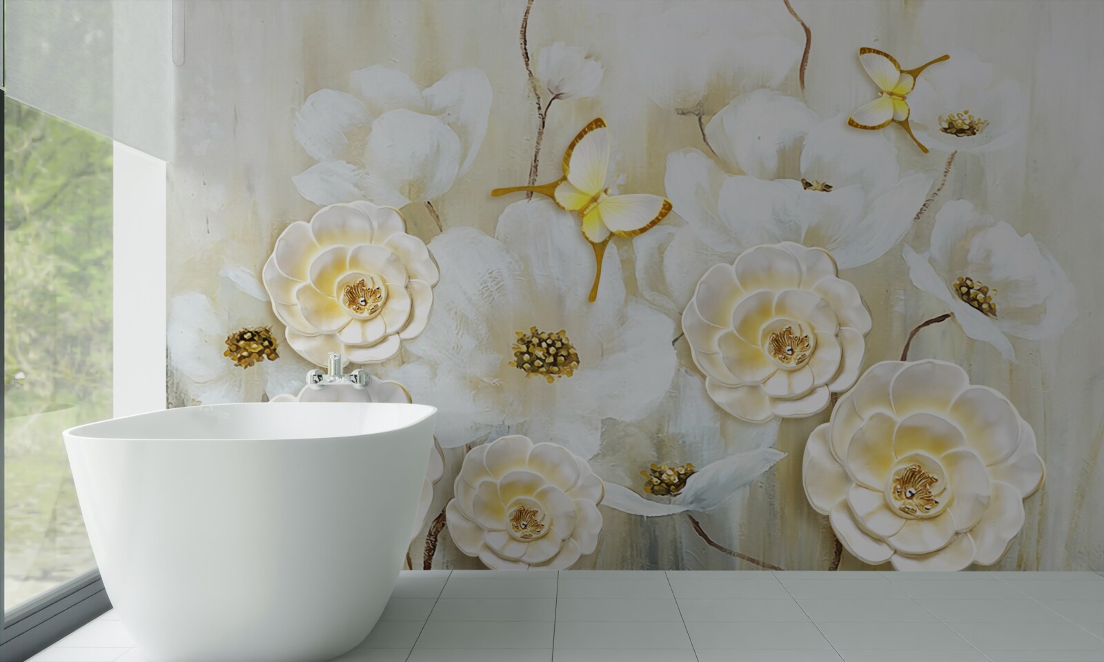 Fotobehang ongewone vlinders en heldere bloemen