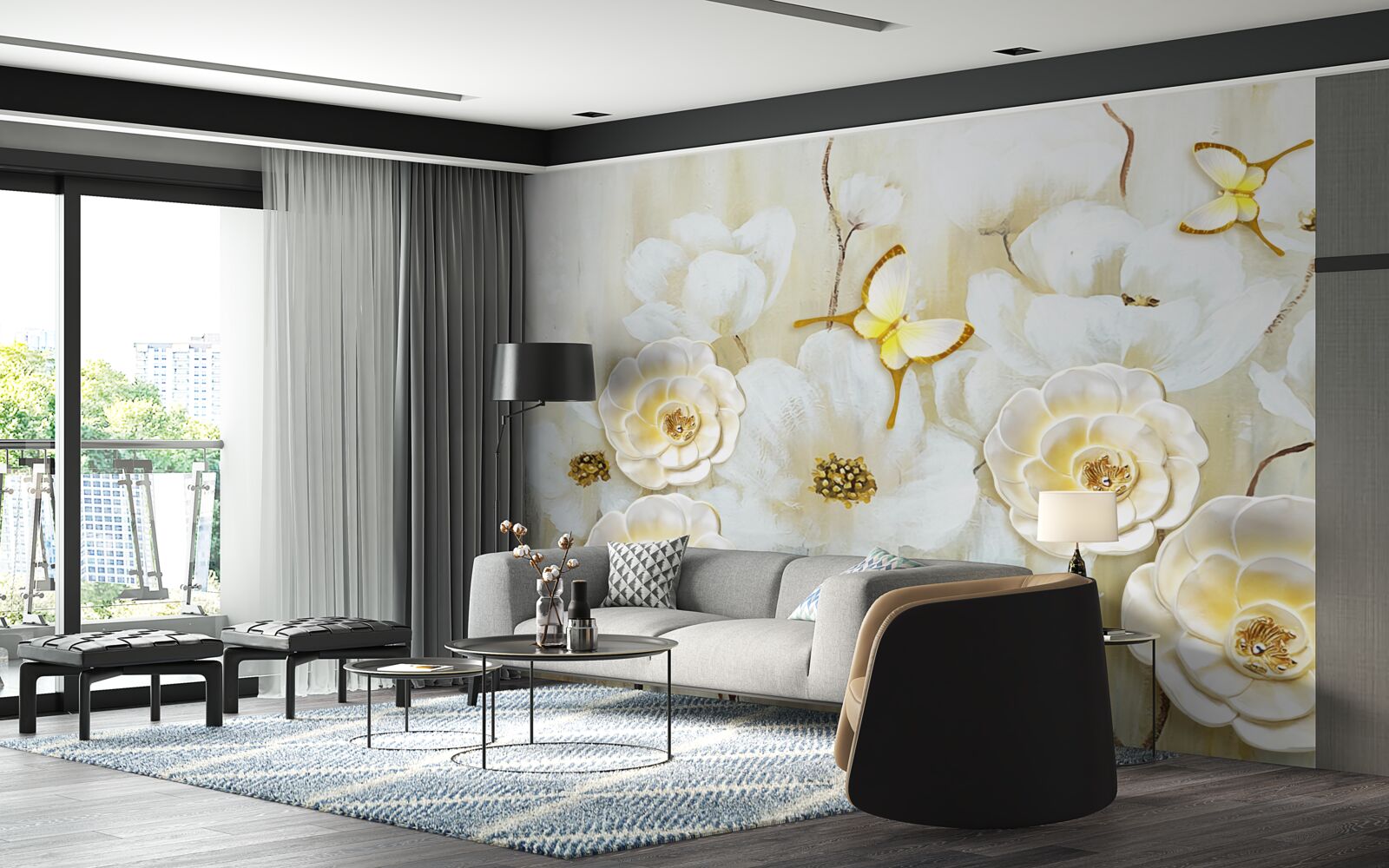 Fotobehang ongewone vlinders en heldere bloemen