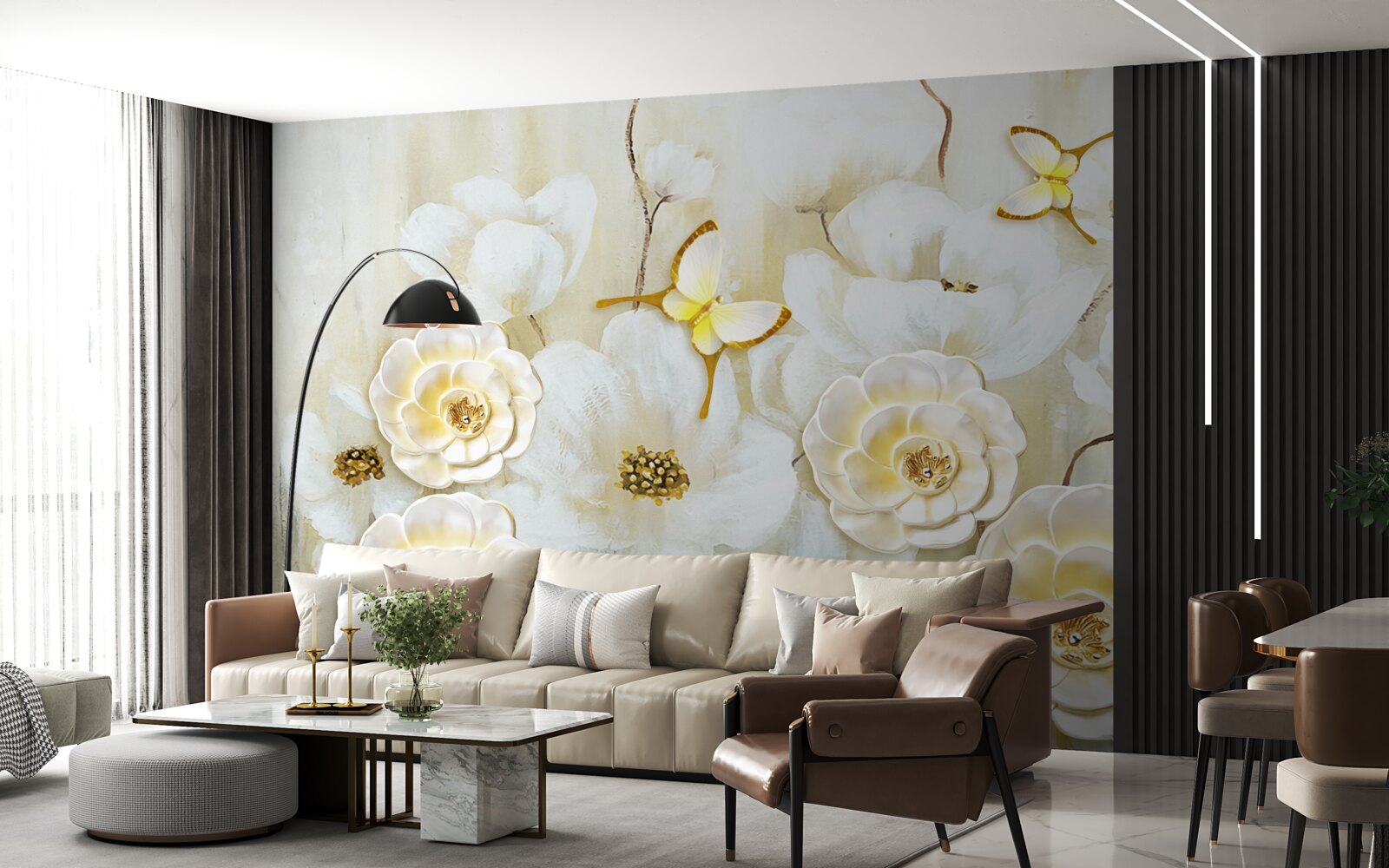 Fotobehang ongewone vlinders en heldere bloemen