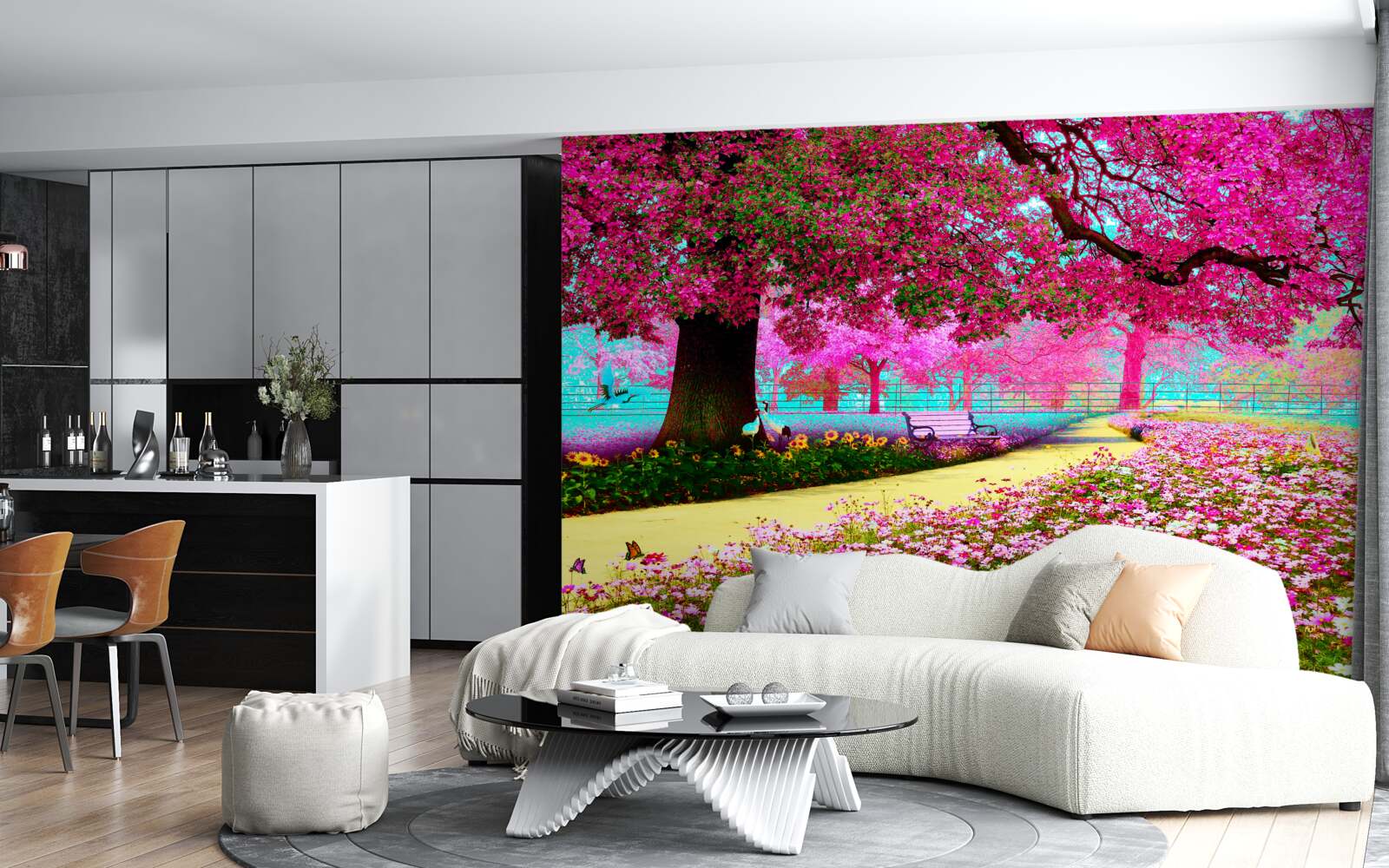 Fotobehang oude sakura bloeit in roze tinten