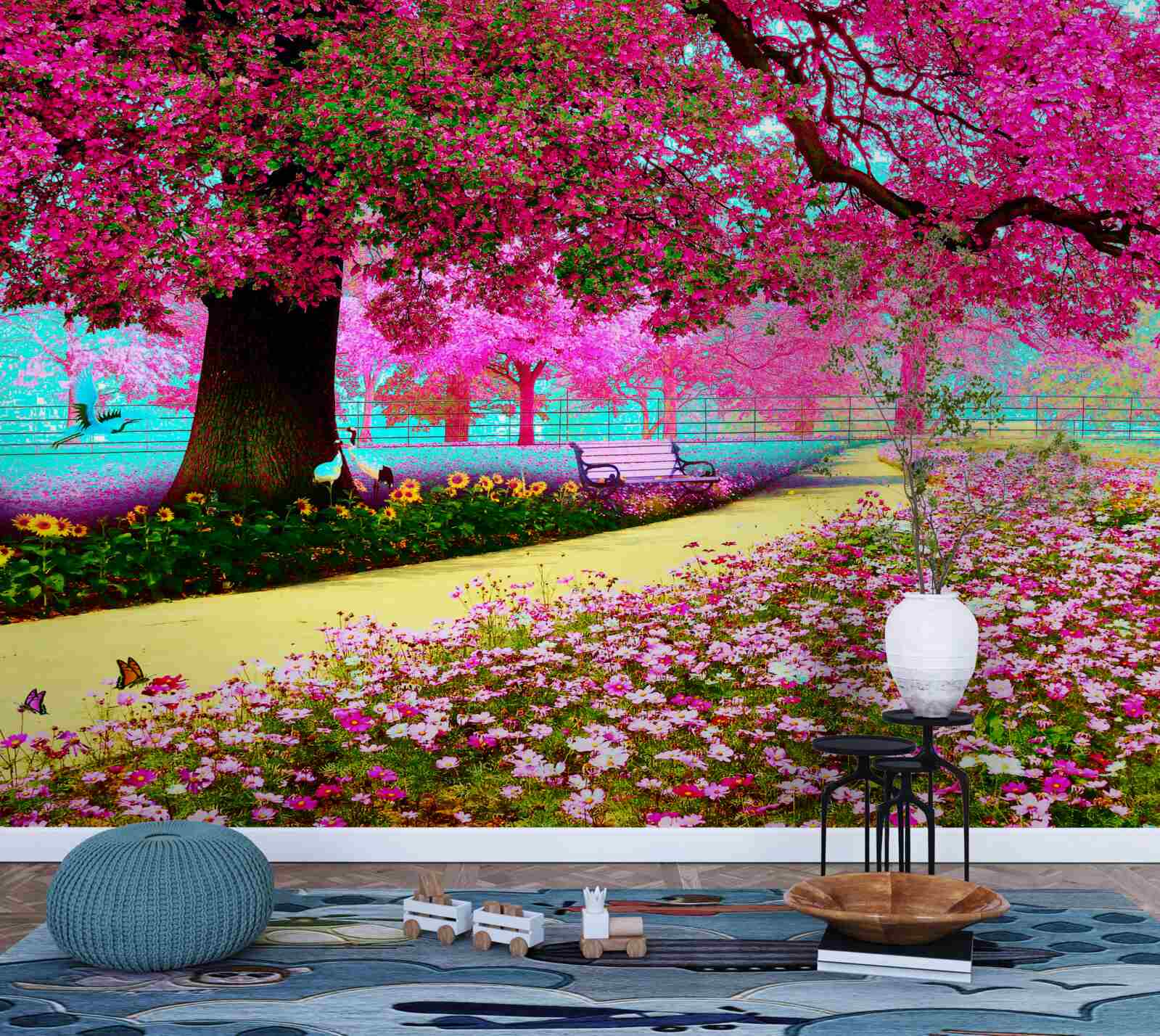 Fotobehang oude sakura bloeit in roze tinten