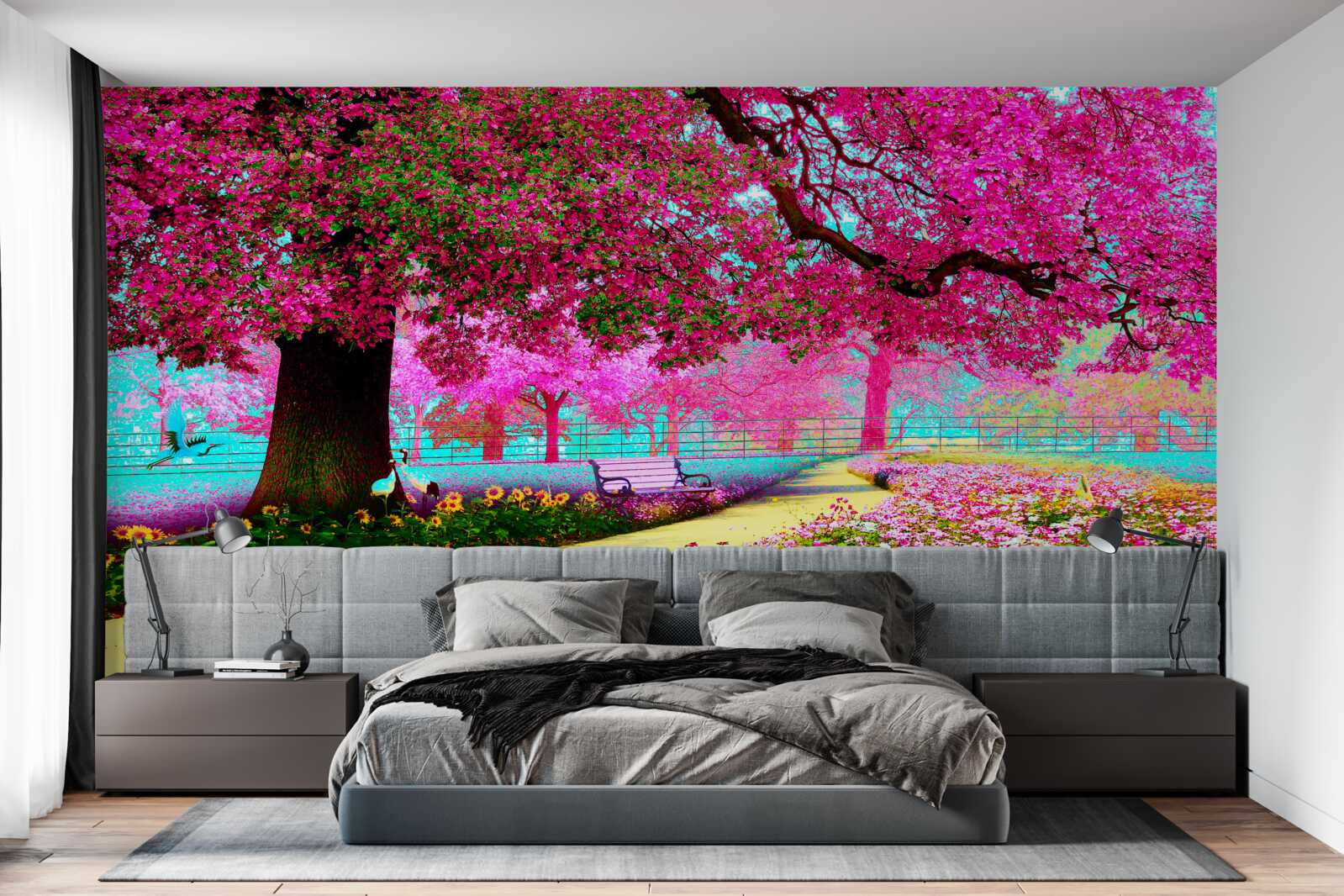 Fotobehang oude sakura bloeit in roze tinten