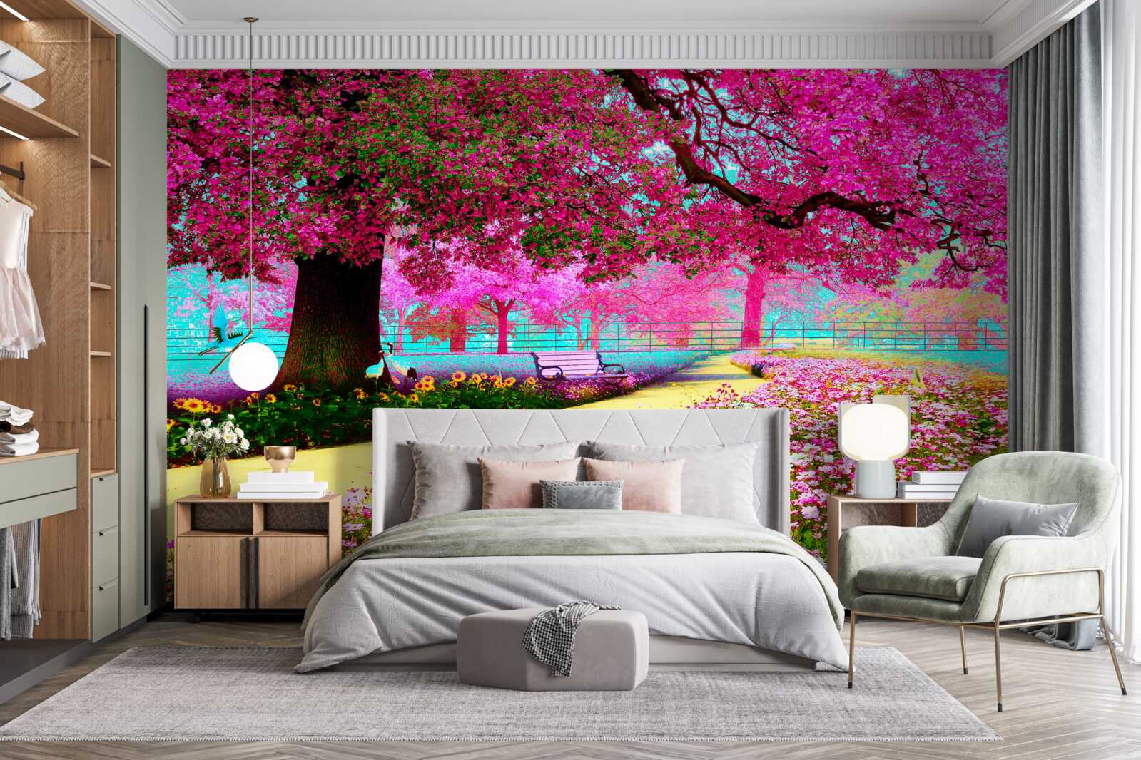 Fotobehang oude sakura bloeit in roze tinten