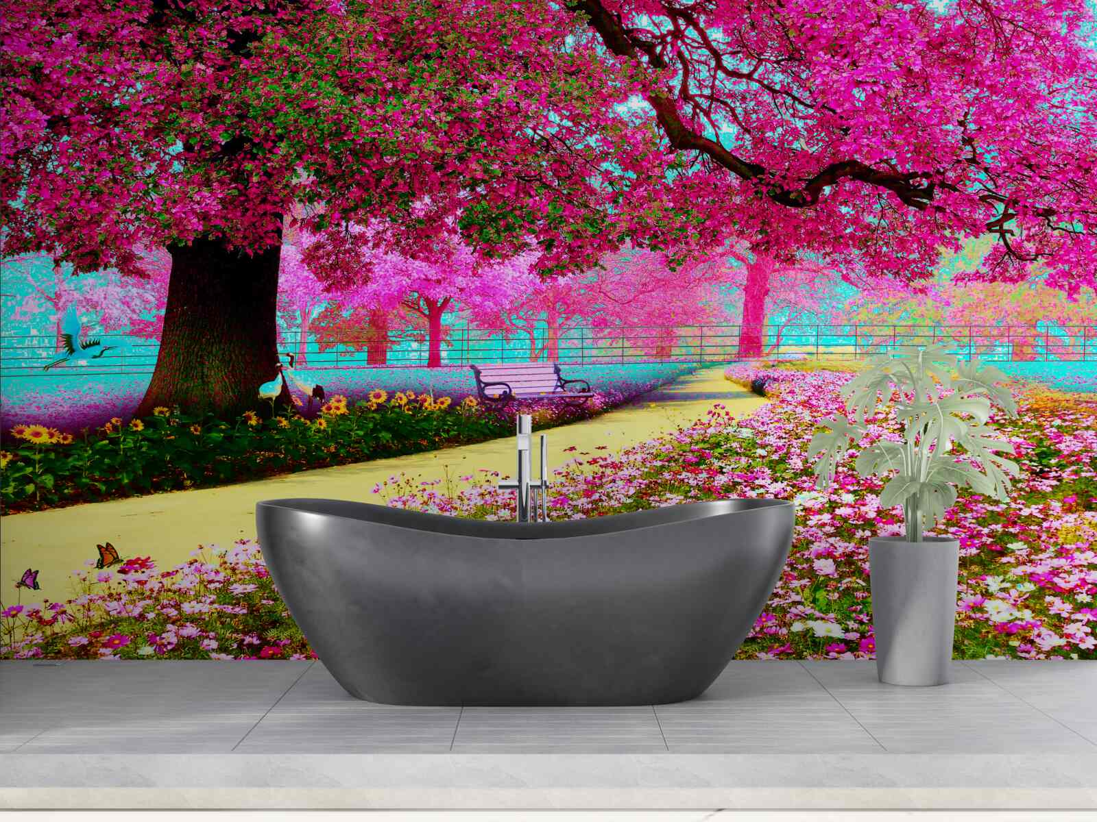 Fotobehang oude sakura bloeit in roze tinten