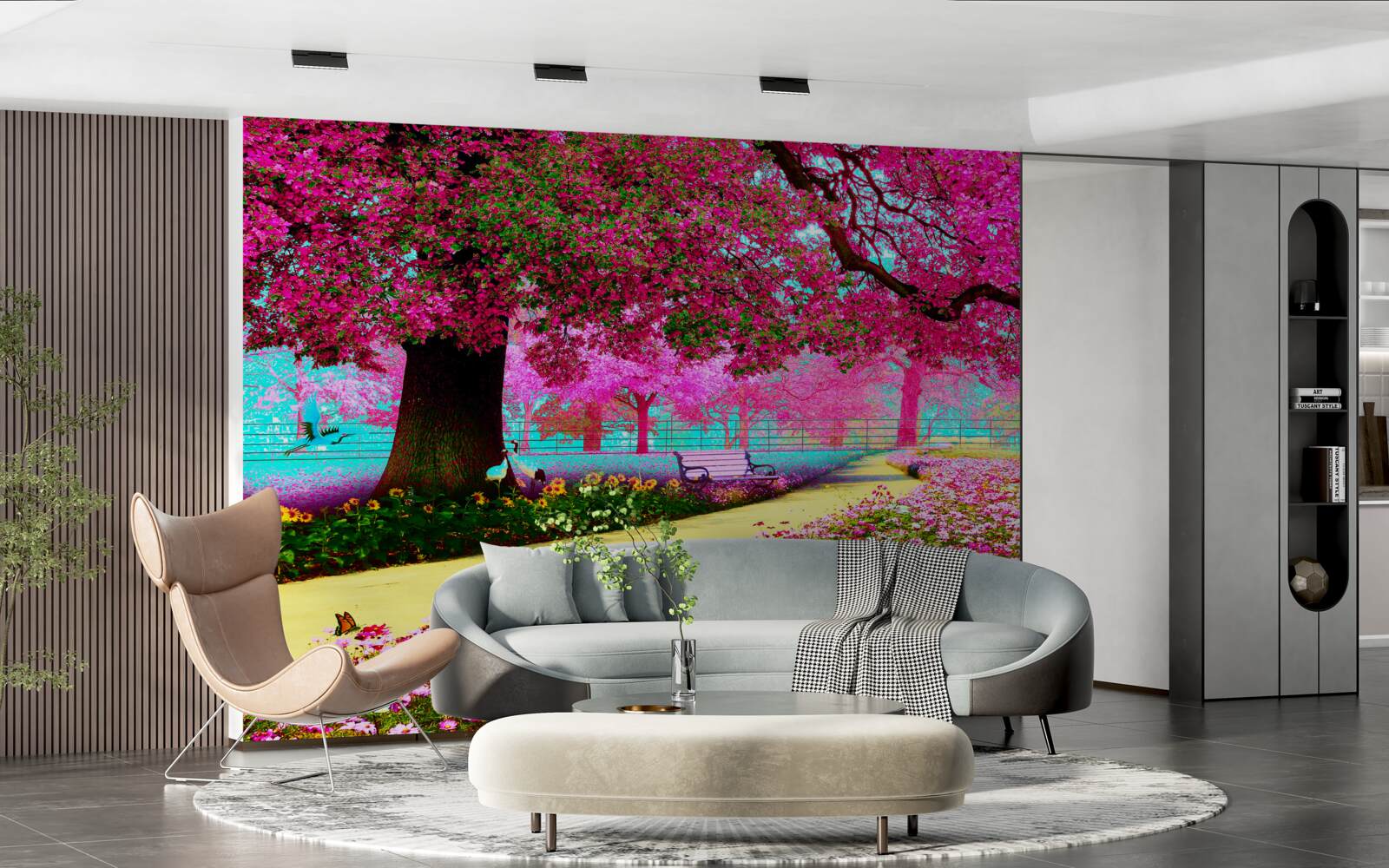 Fotobehang oude sakura bloeit in roze tinten