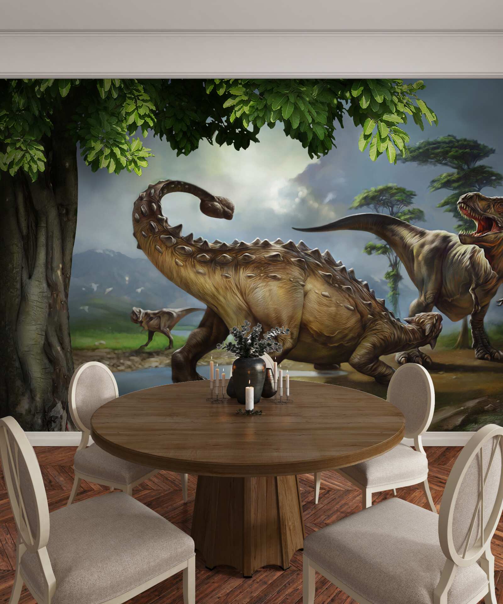 Fotobehang dinosaurussen leven in het bos bij de vijver