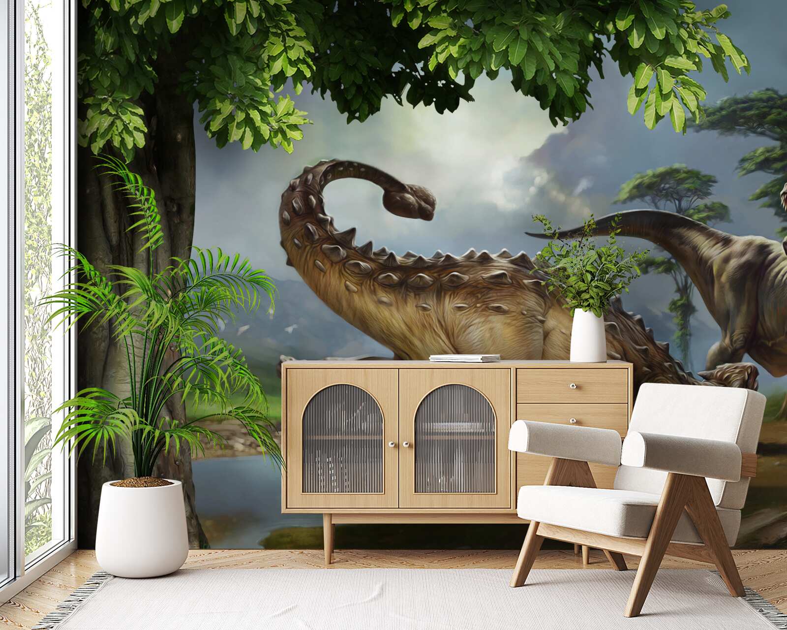 Fotobehang dinosaurussen leven in het bos bij de vijver