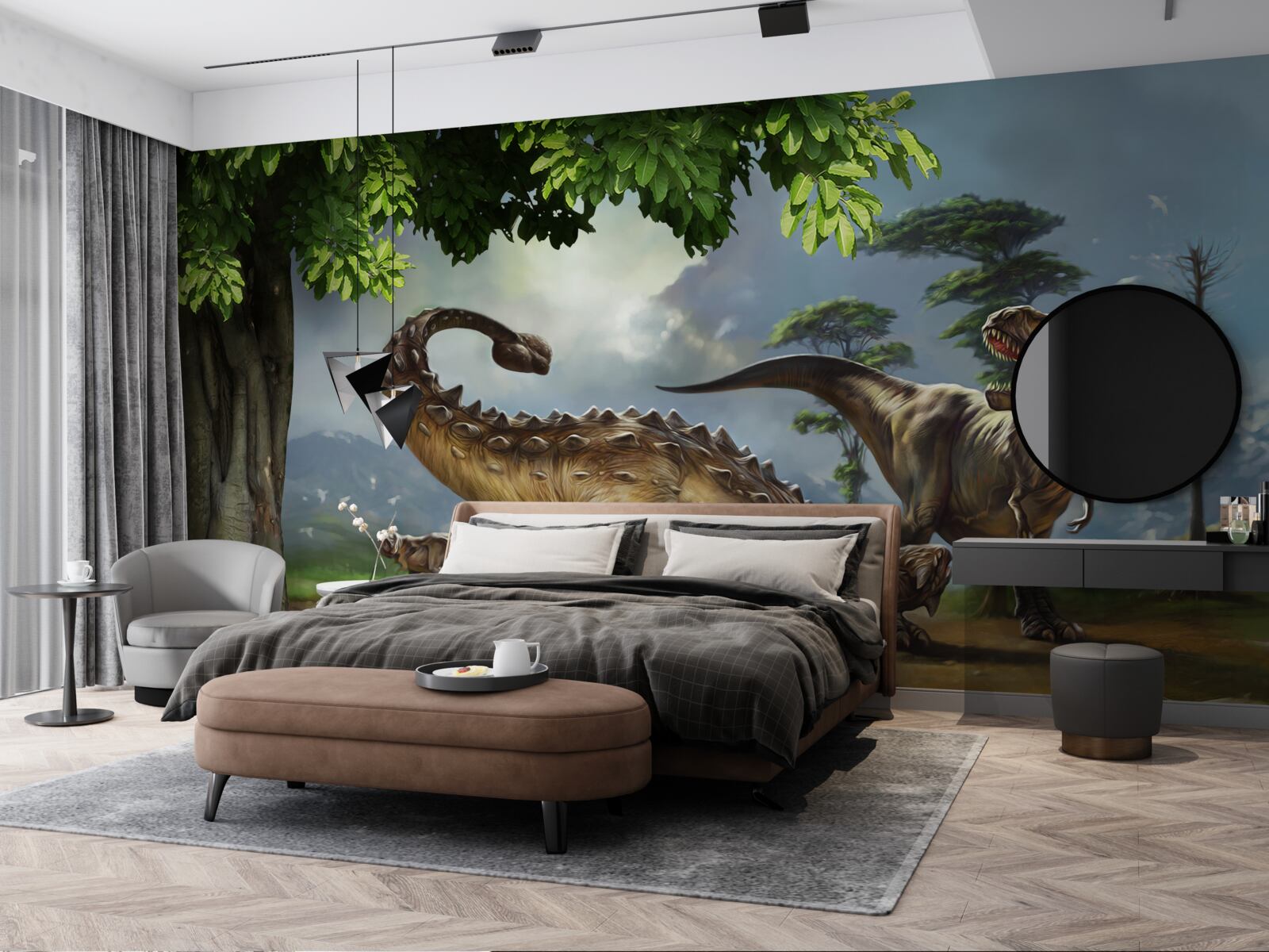 Fotobehang dinosaurussen leven in het bos bij de vijver