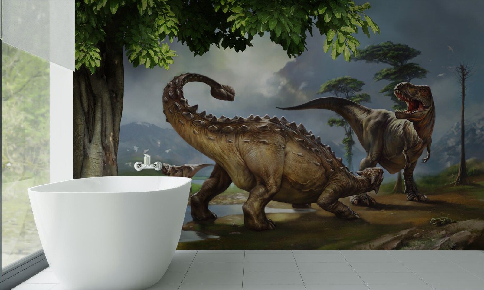 Fotobehang dinosaurussen leven in het bos bij de vijver