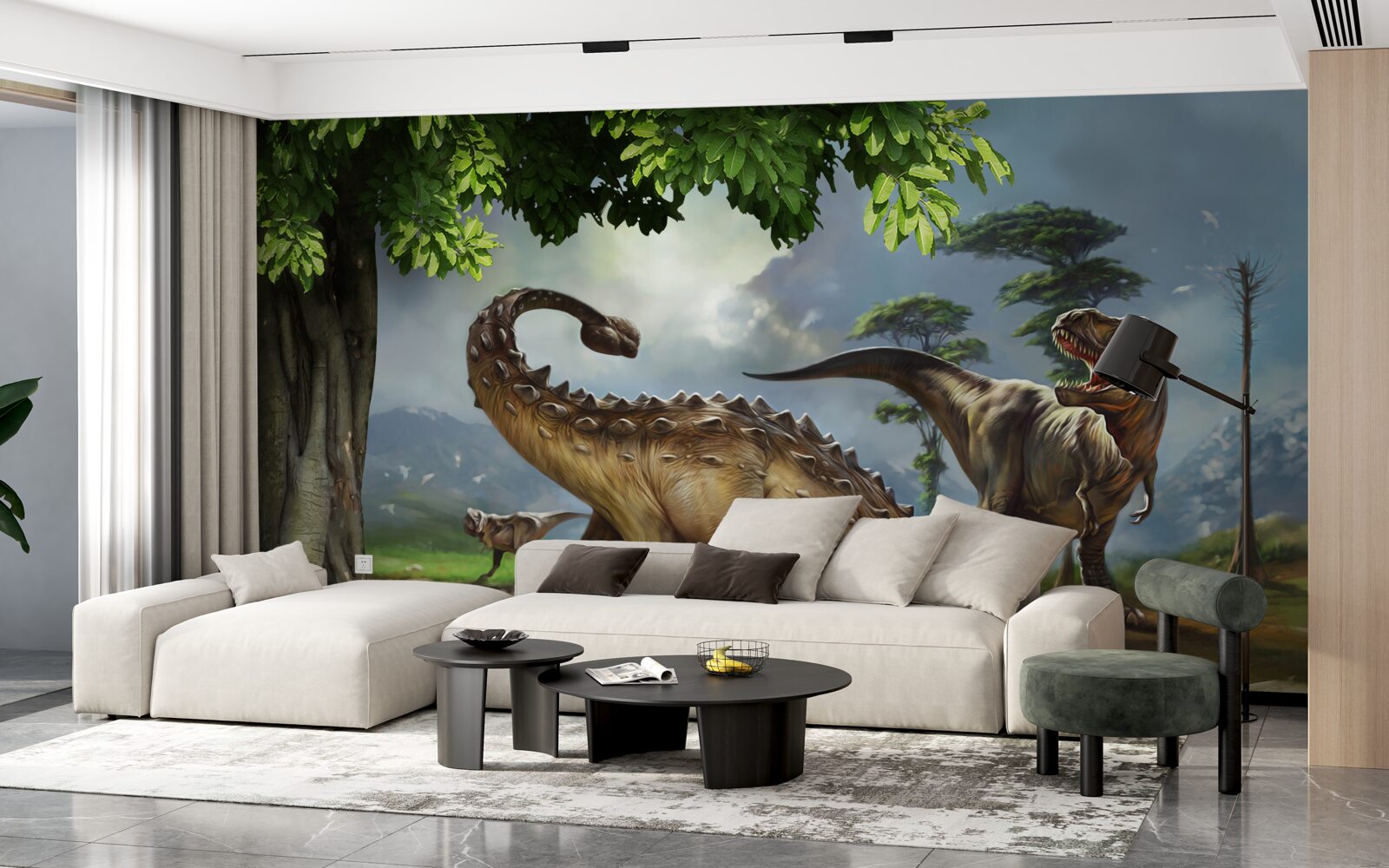 Fotobehang dinosaurussen leven in het bos bij de vijver