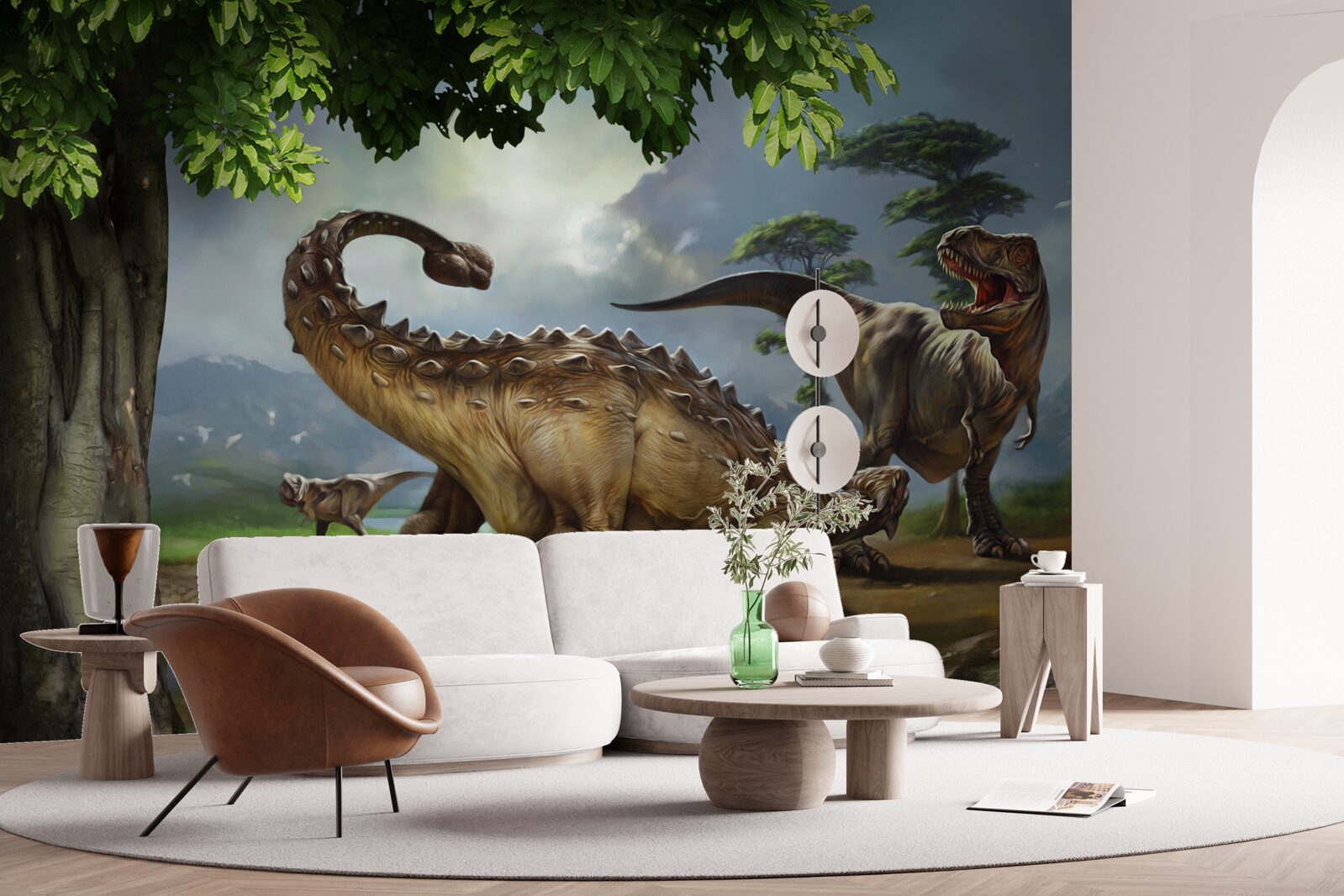 Fotobehang dinosaurussen leven in het bos bij de vijver