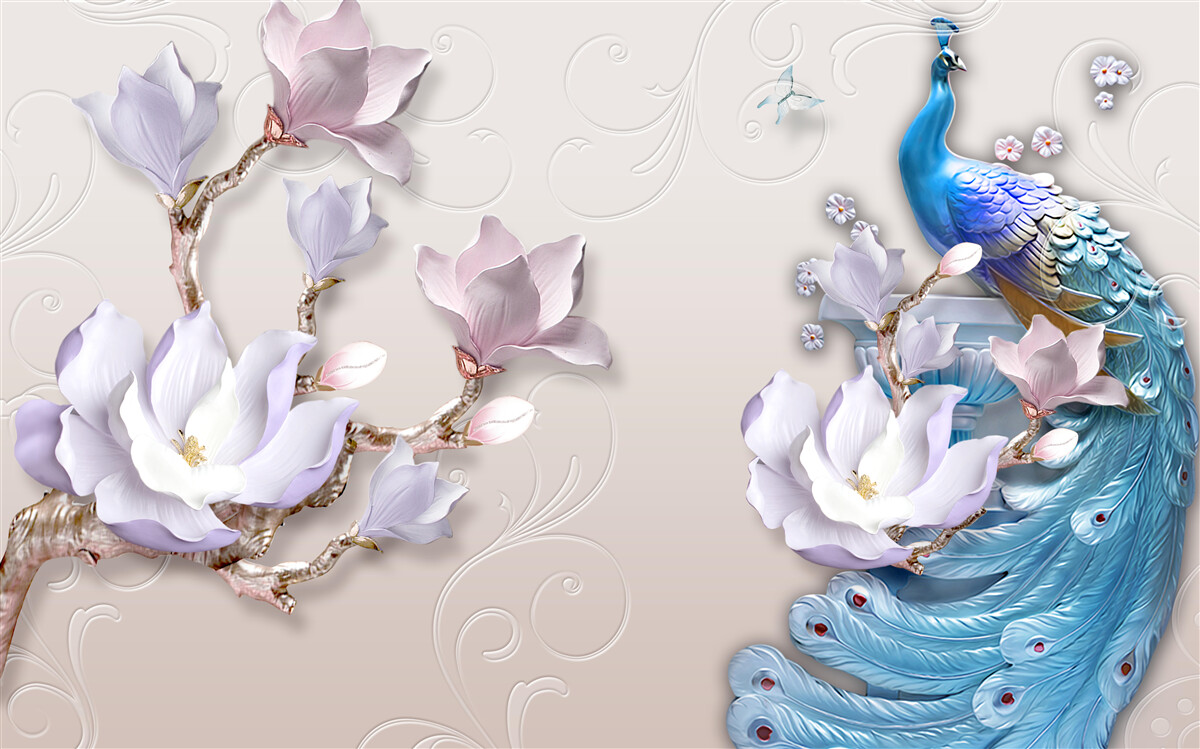 Fotobehang witte magnolia's versieren de pauw
