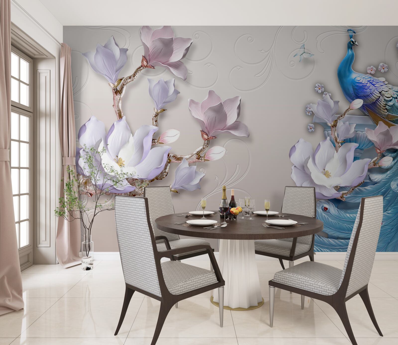 Fotobehang witte magnolia's versieren de pauw