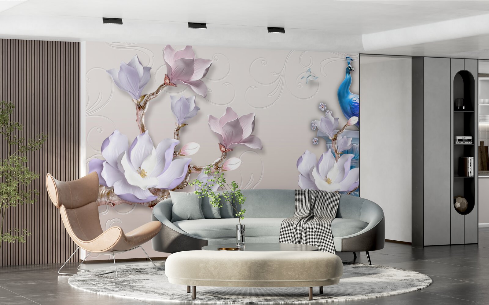 Fotobehang witte magnolia's versieren de pauw