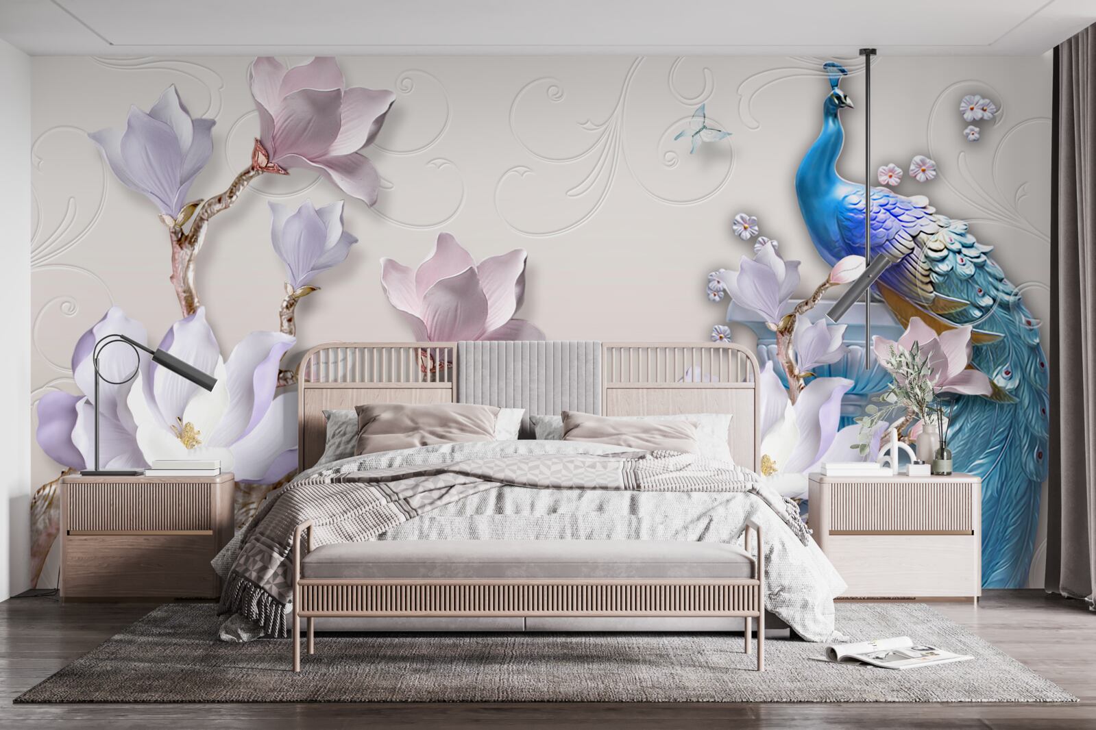 Fotobehang witte magnolia's versieren de pauw