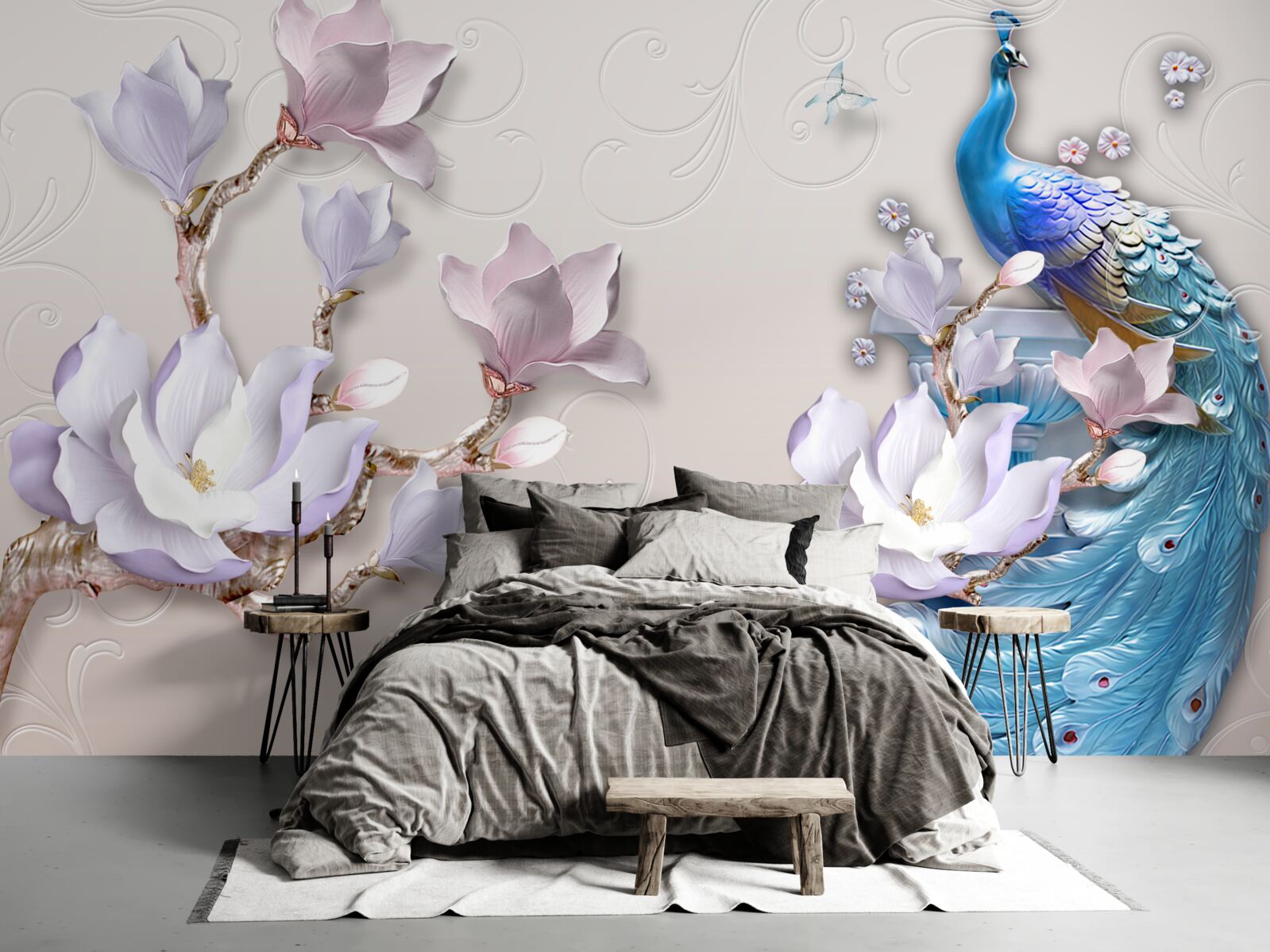 Fotobehang witte magnolia's versieren de pauw