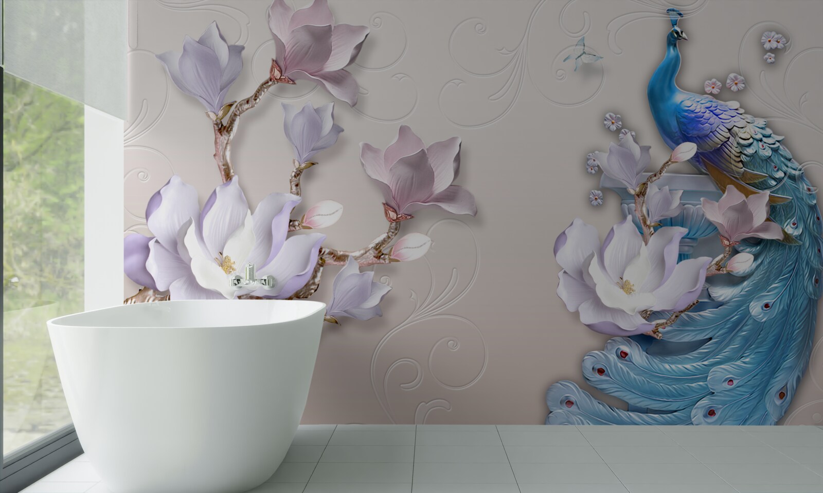 Fotobehang witte magnolia's versieren de pauw