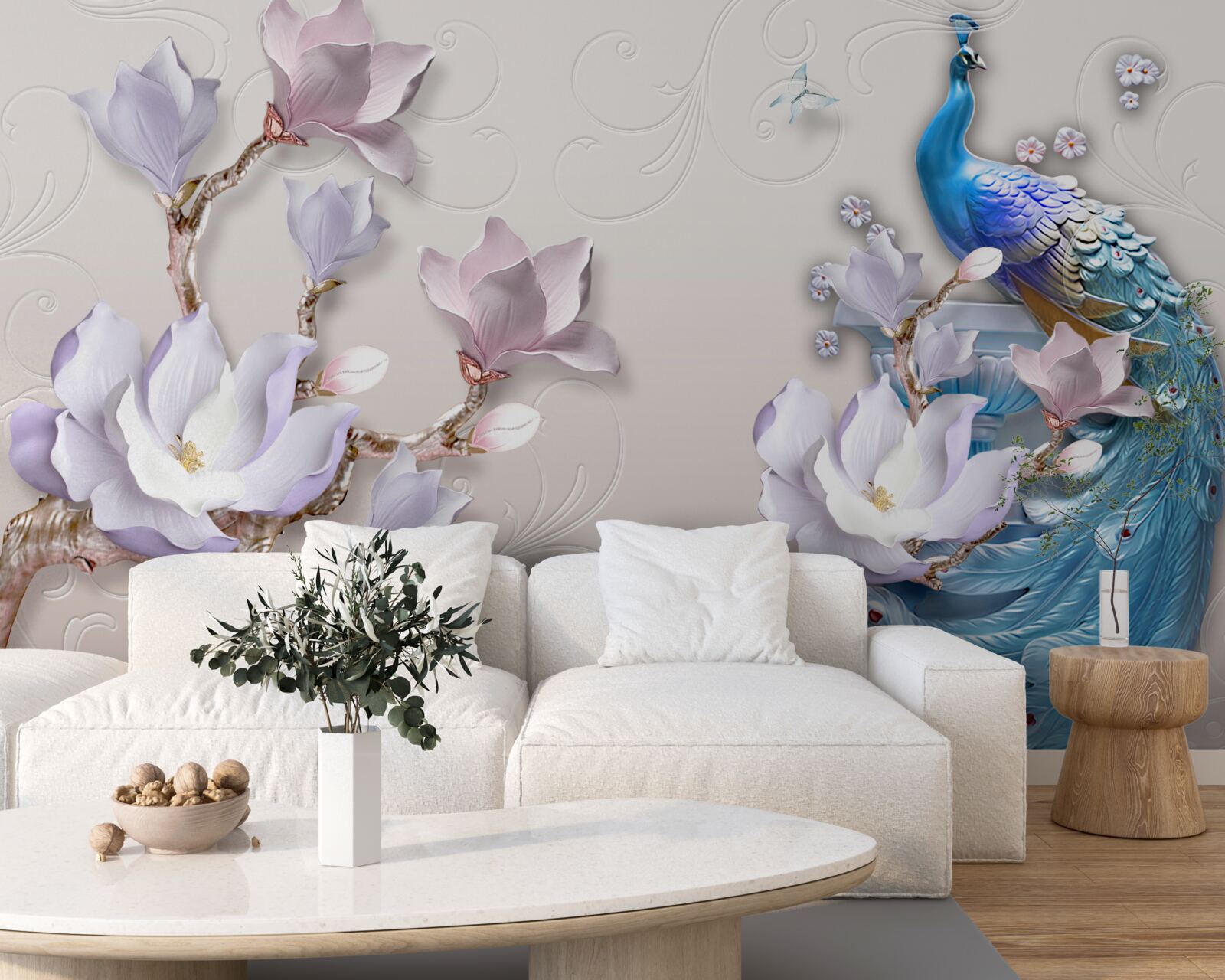 Fotobehang witte magnolia's versieren de pauw