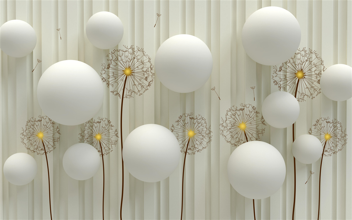 Fotobehang compositie van witte ballen en bloeiende paardenbloemen