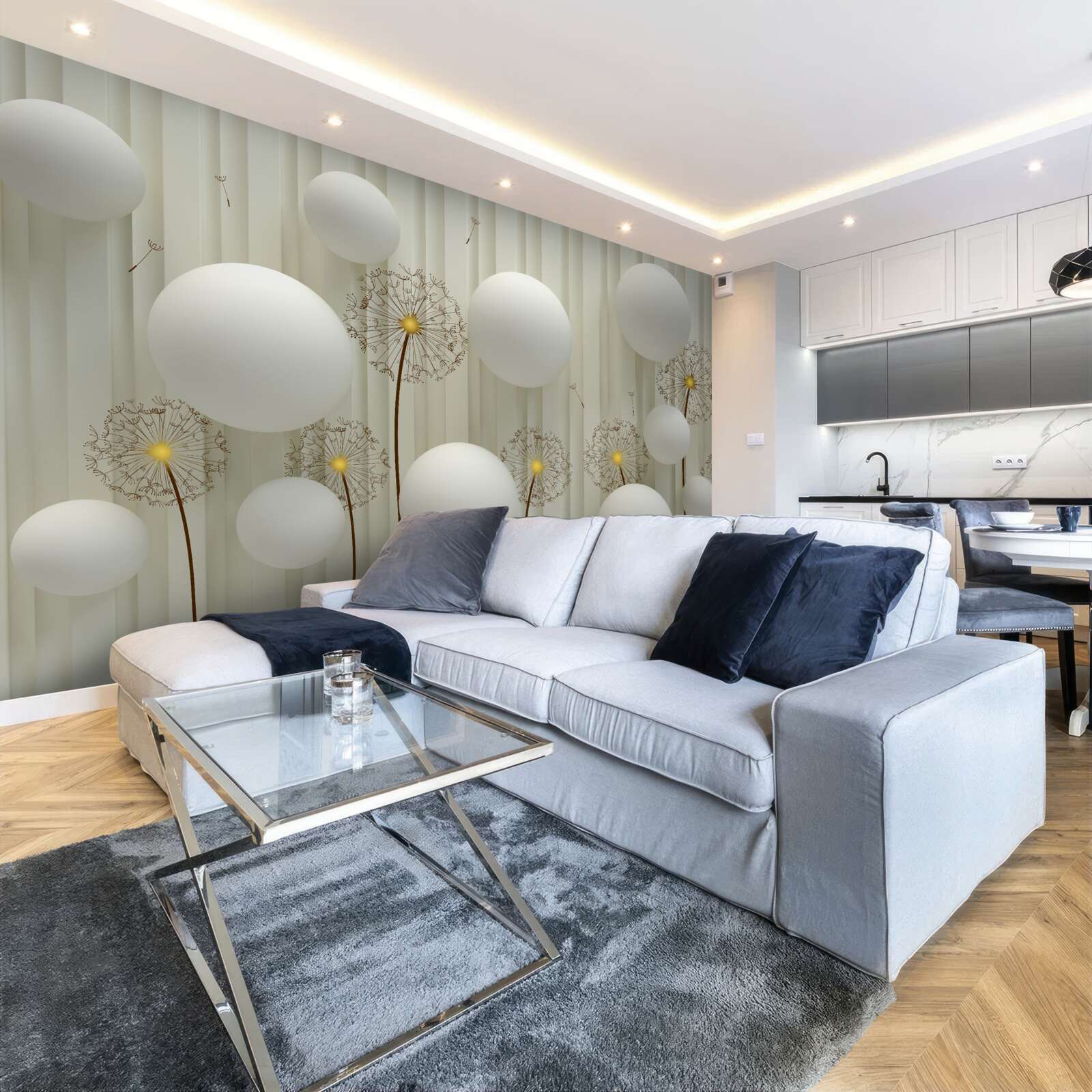 Fotobehang compositie van witte ballen en bloeiende paardenbloemen