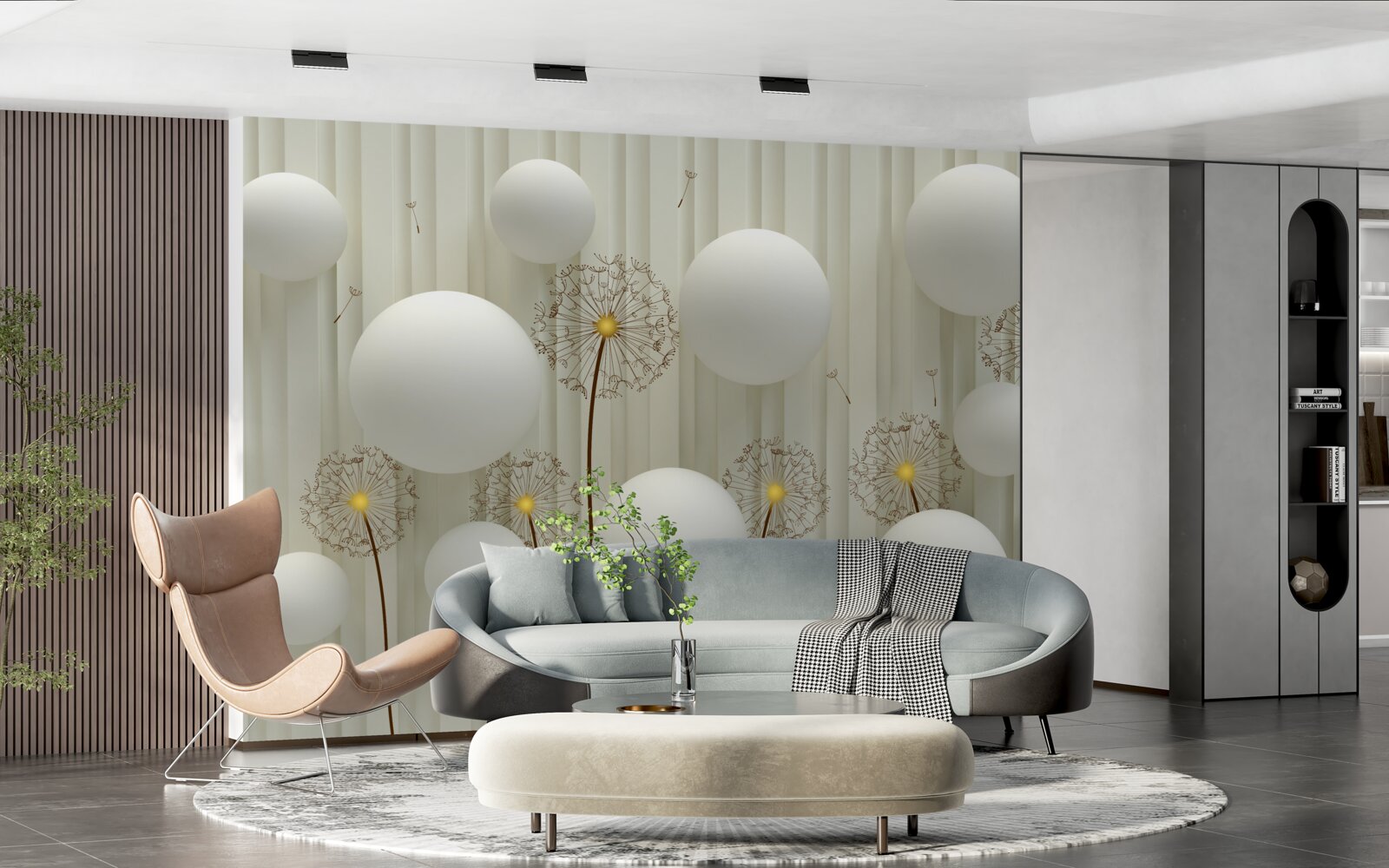 Fotobehang compositie van witte ballen en bloeiende paardenbloemen