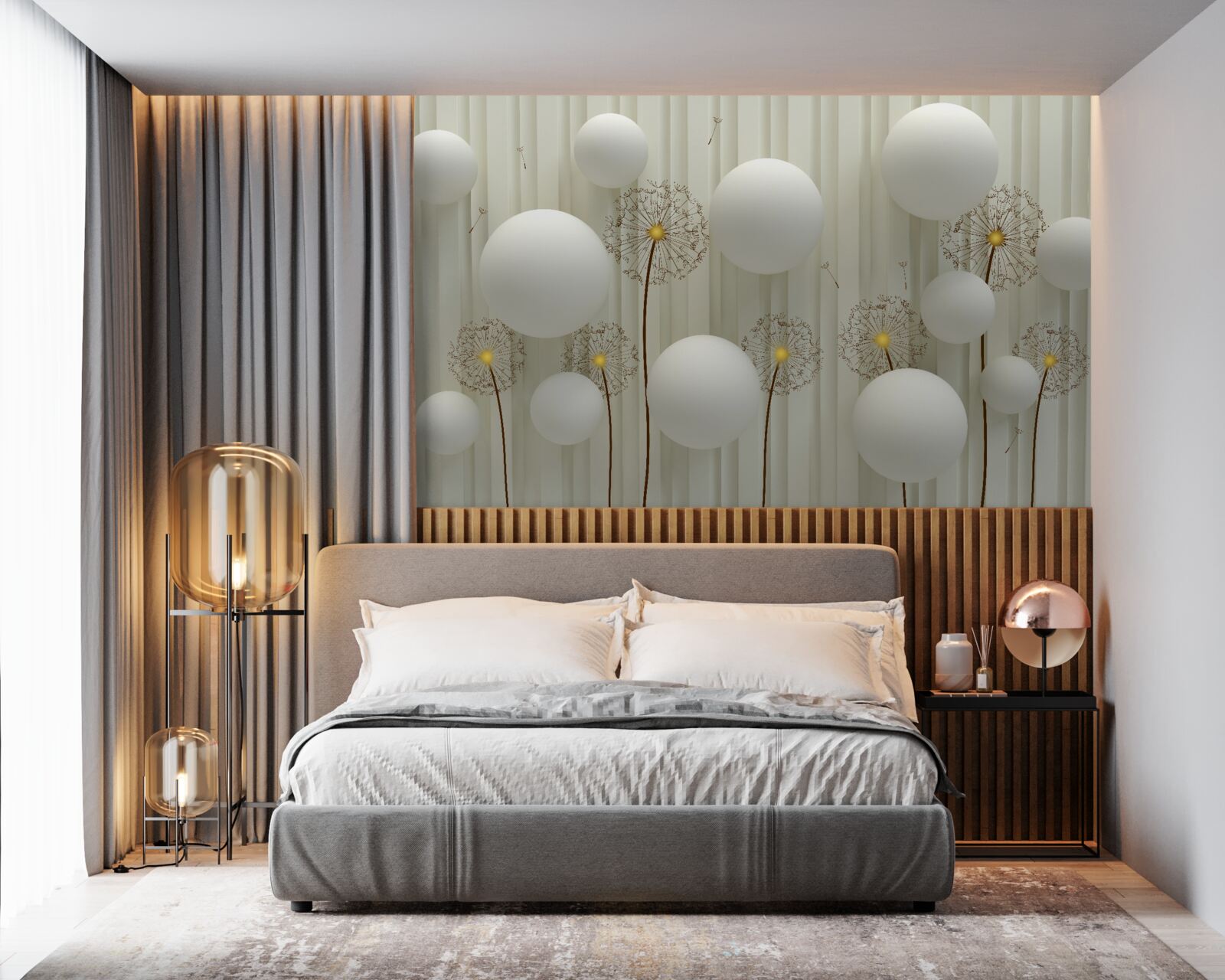 Fotobehang compositie van witte ballen en bloeiende paardenbloemen