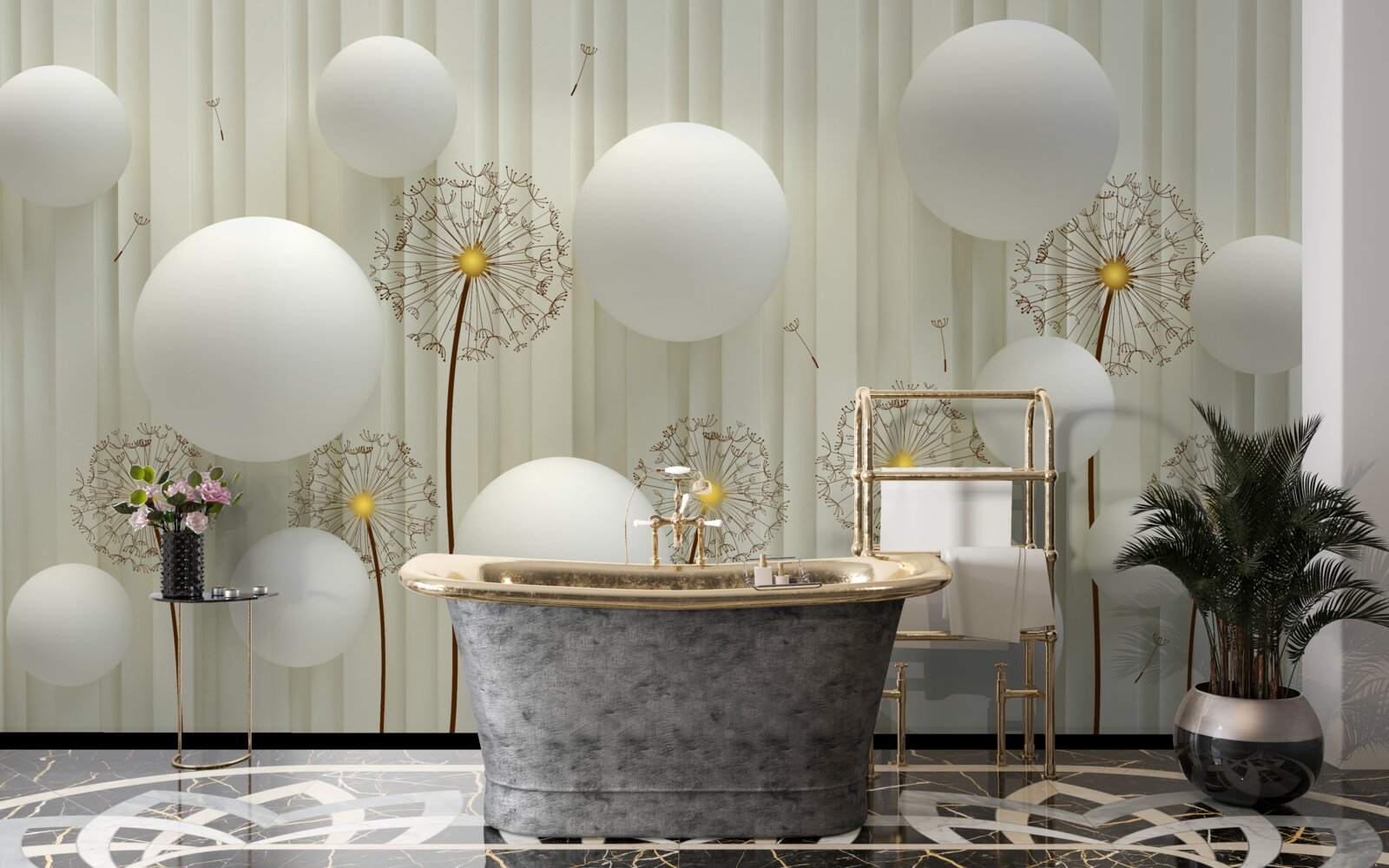 Fotobehang compositie van witte ballen en bloeiende paardenbloemen