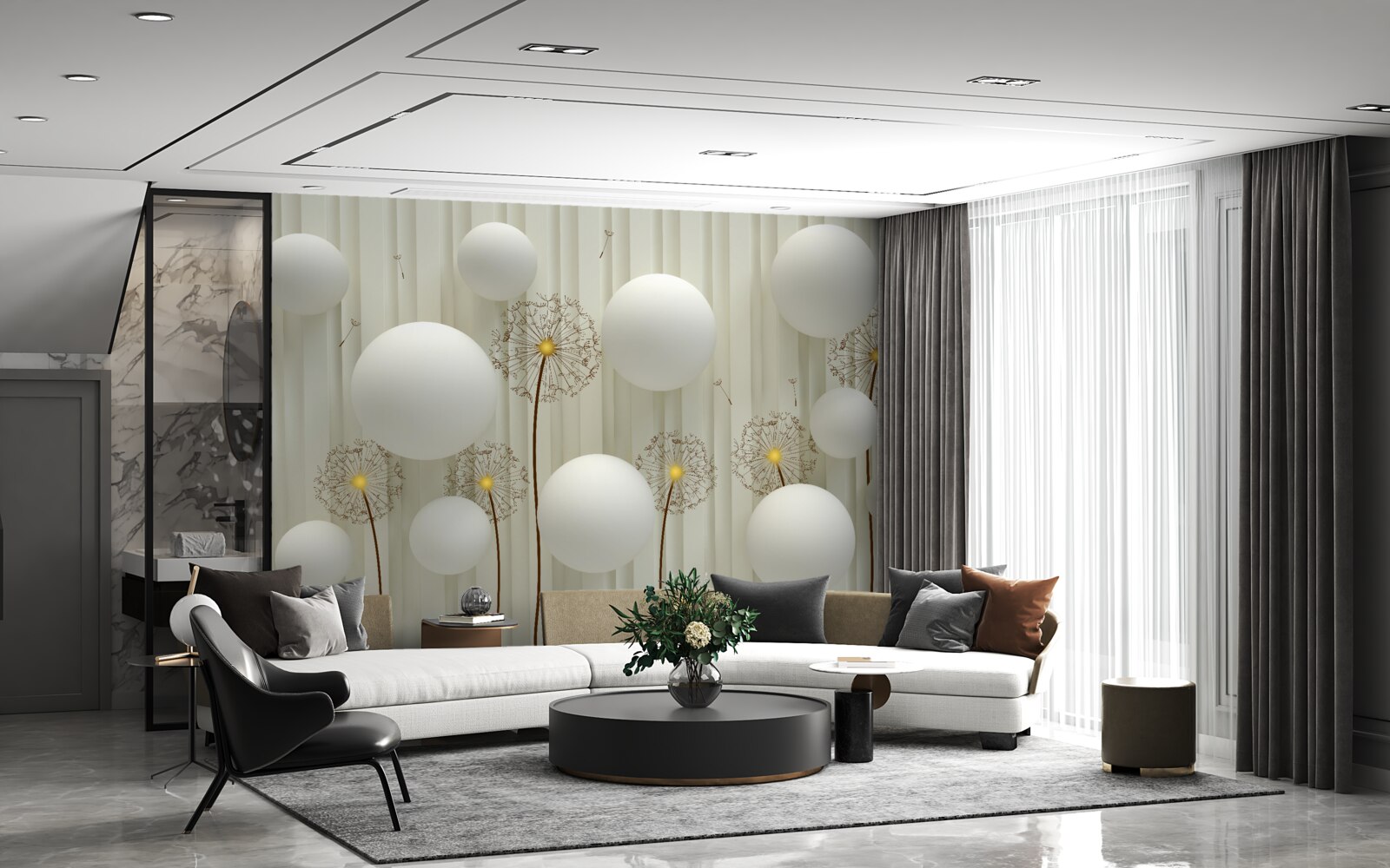 Fotobehang compositie van witte ballen en bloeiende paardenbloemen