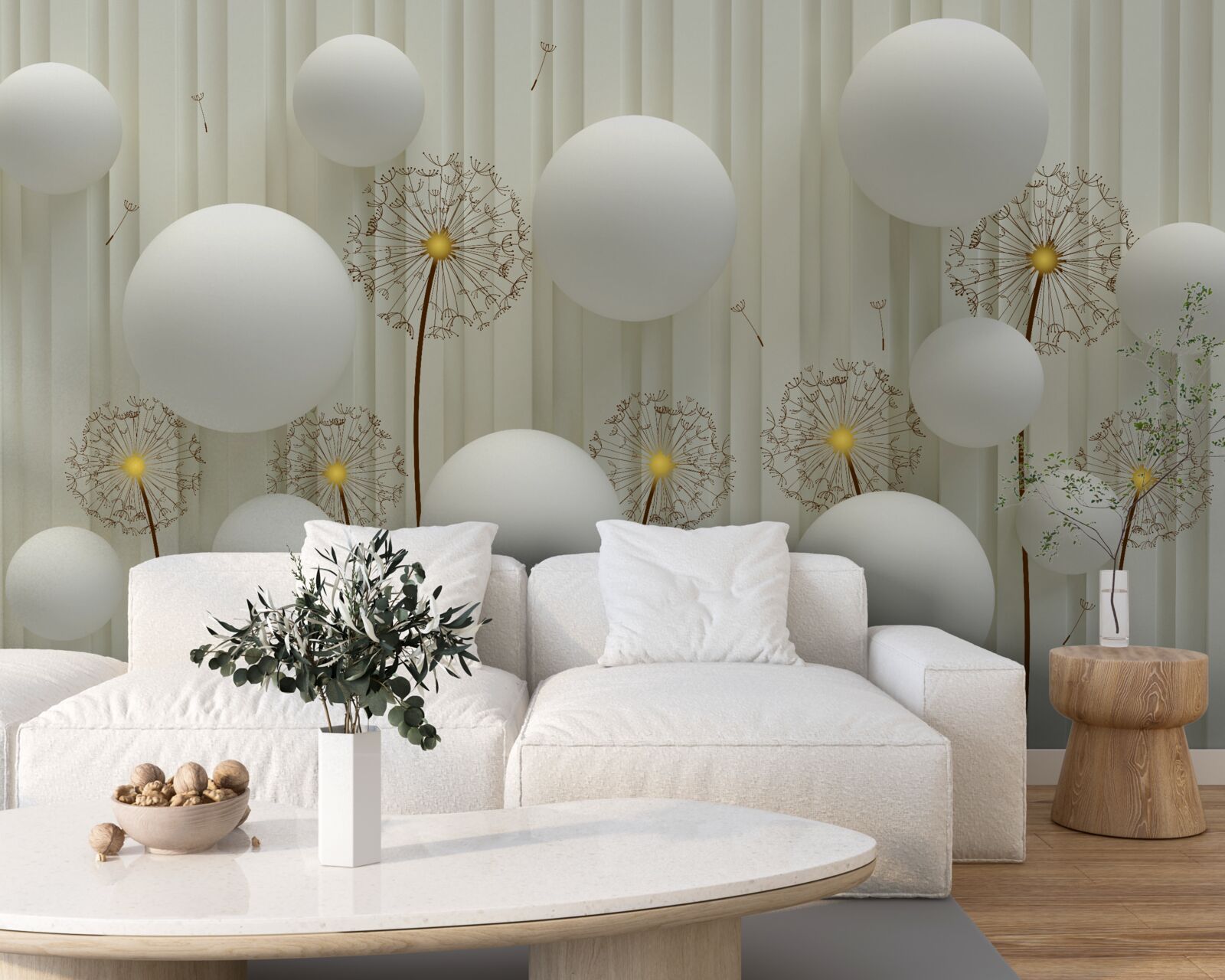 Fotobehang compositie van witte ballen en bloeiende paardenbloemen